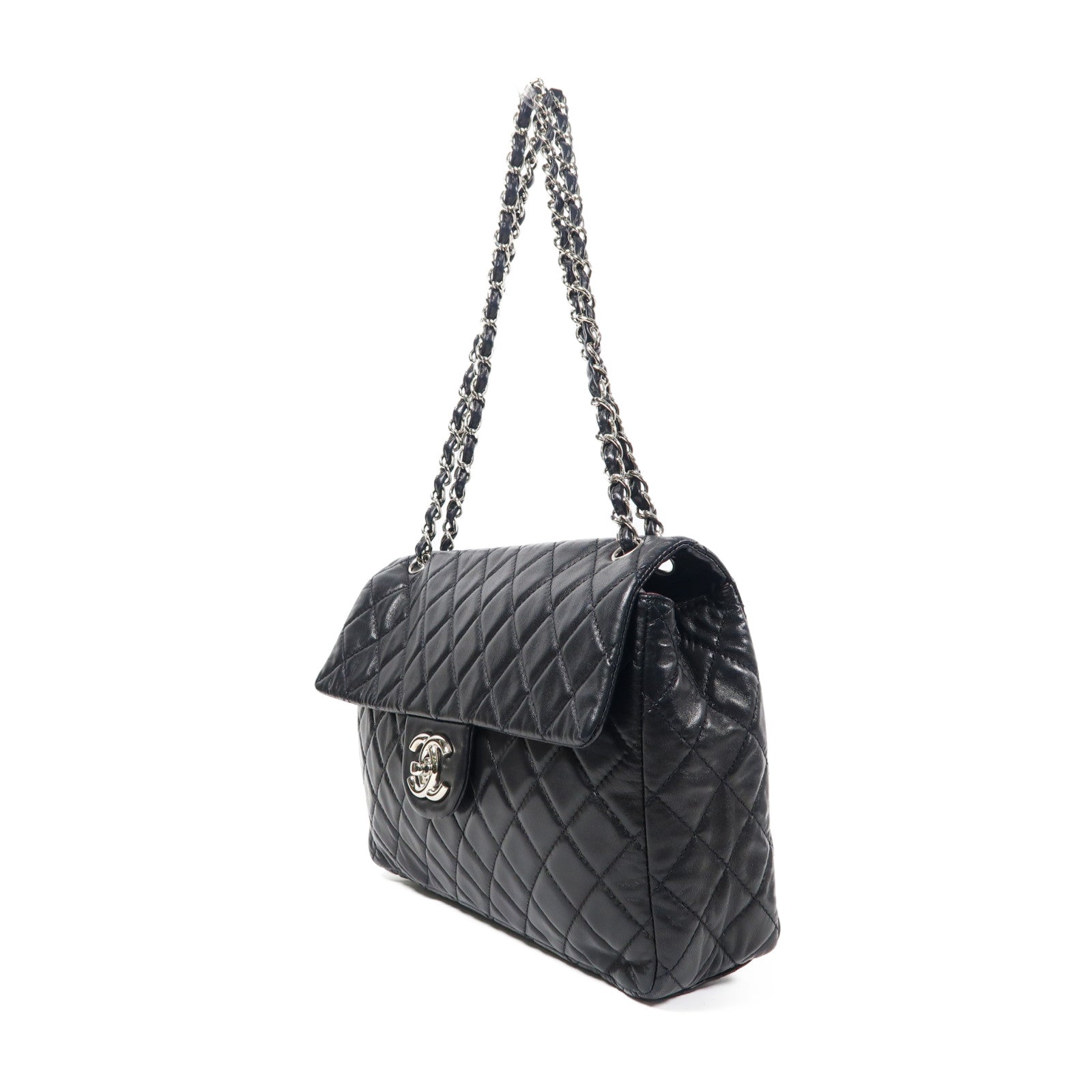 CHANEL 菱格羊皮皮革Shoulder Bag銀扣鏈帶肩背袋黑色