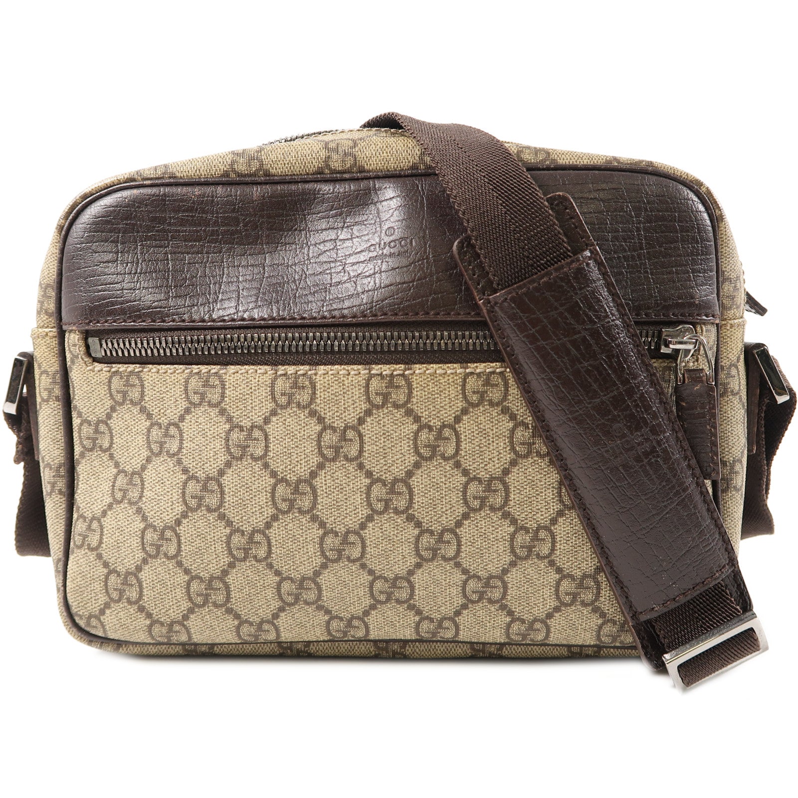 GUCCI 塗層帆布/皮革Shoulder Bag銀扣肩背袋啡色