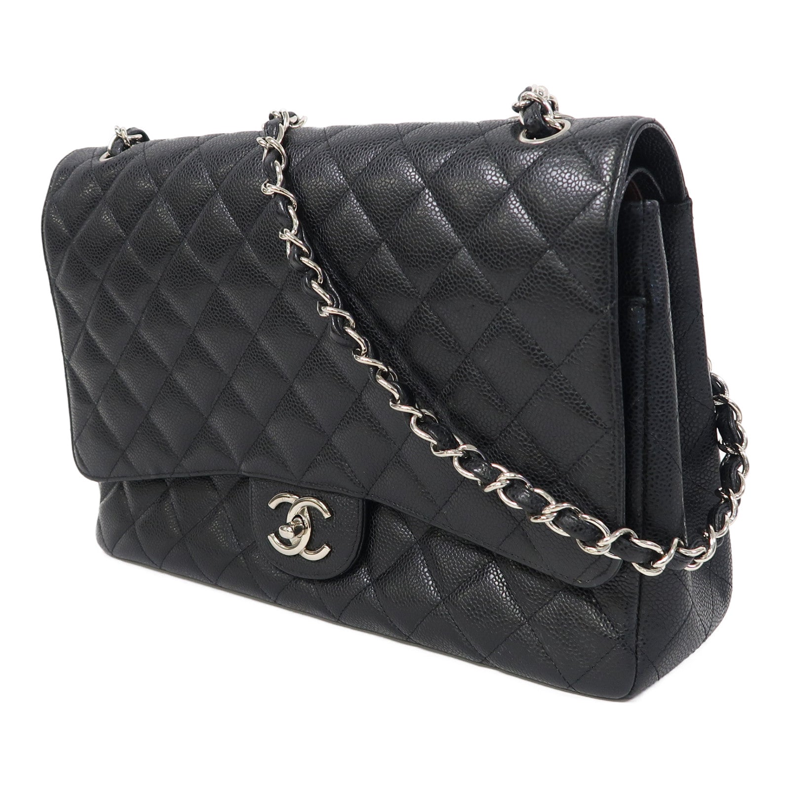 CHANEL 【激減優惠】菱格牛皮皮革Classic Maxi銀扣鏈帶肩背袋黑色