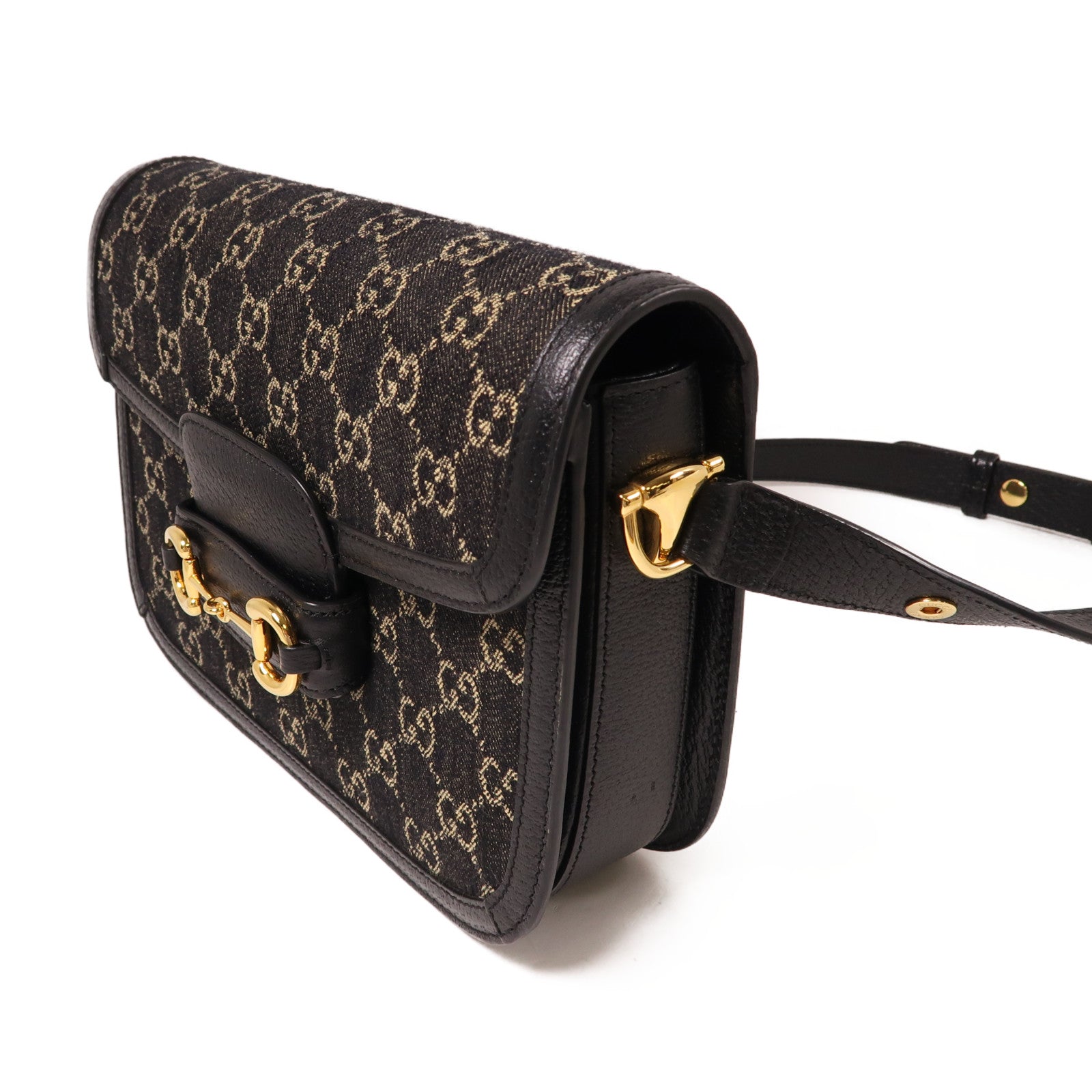 GUCCI GG帆布/皮革Horsebit 1955金扣肩背袋黑色