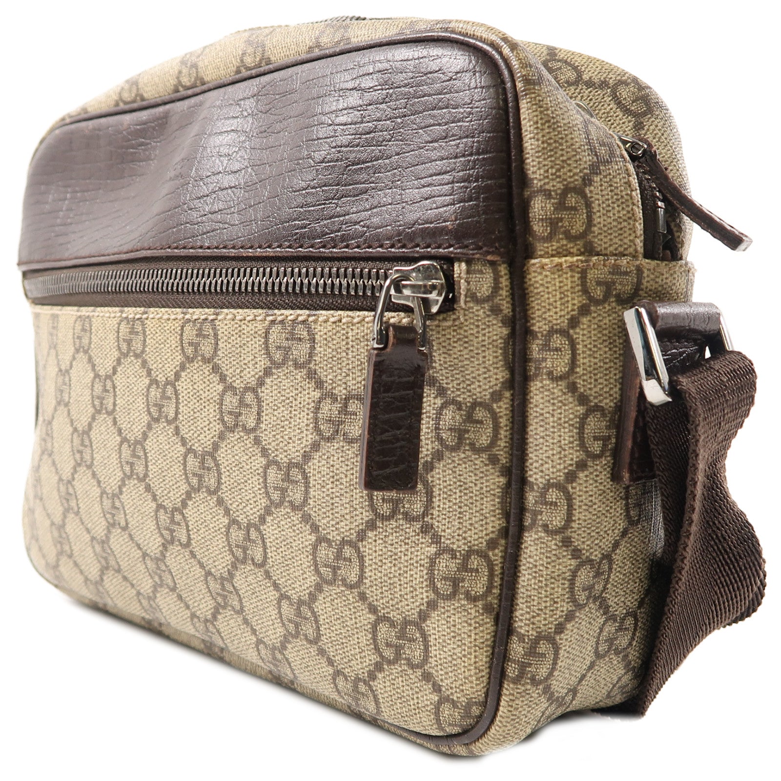 GUCCI 塗層帆布/皮革Shoulder Bag銀扣肩背袋啡色