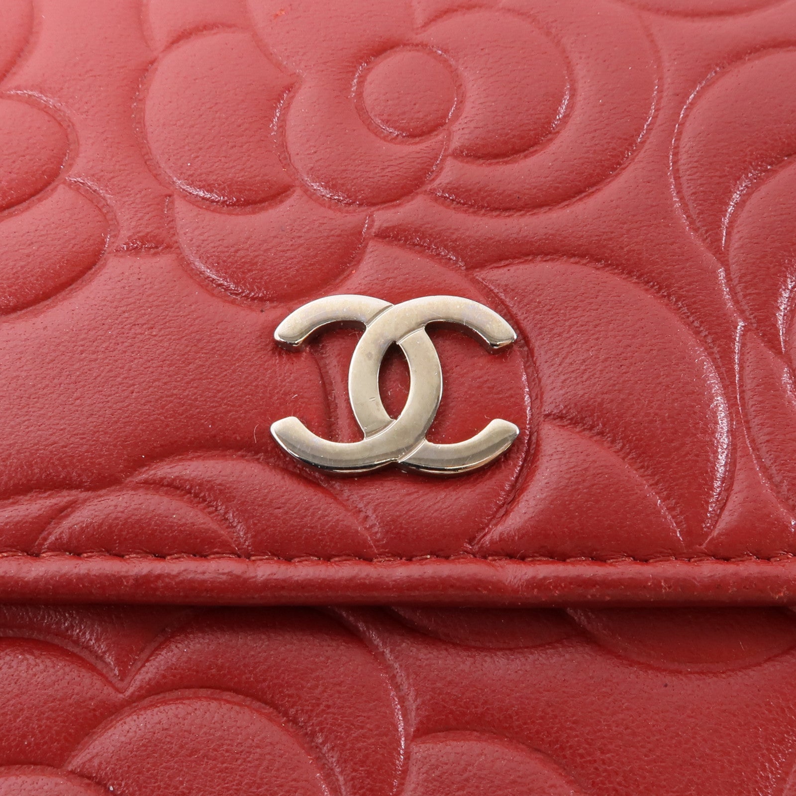 CHANEL 羊皮皮革Long Wallet銀扣長錢包紅色