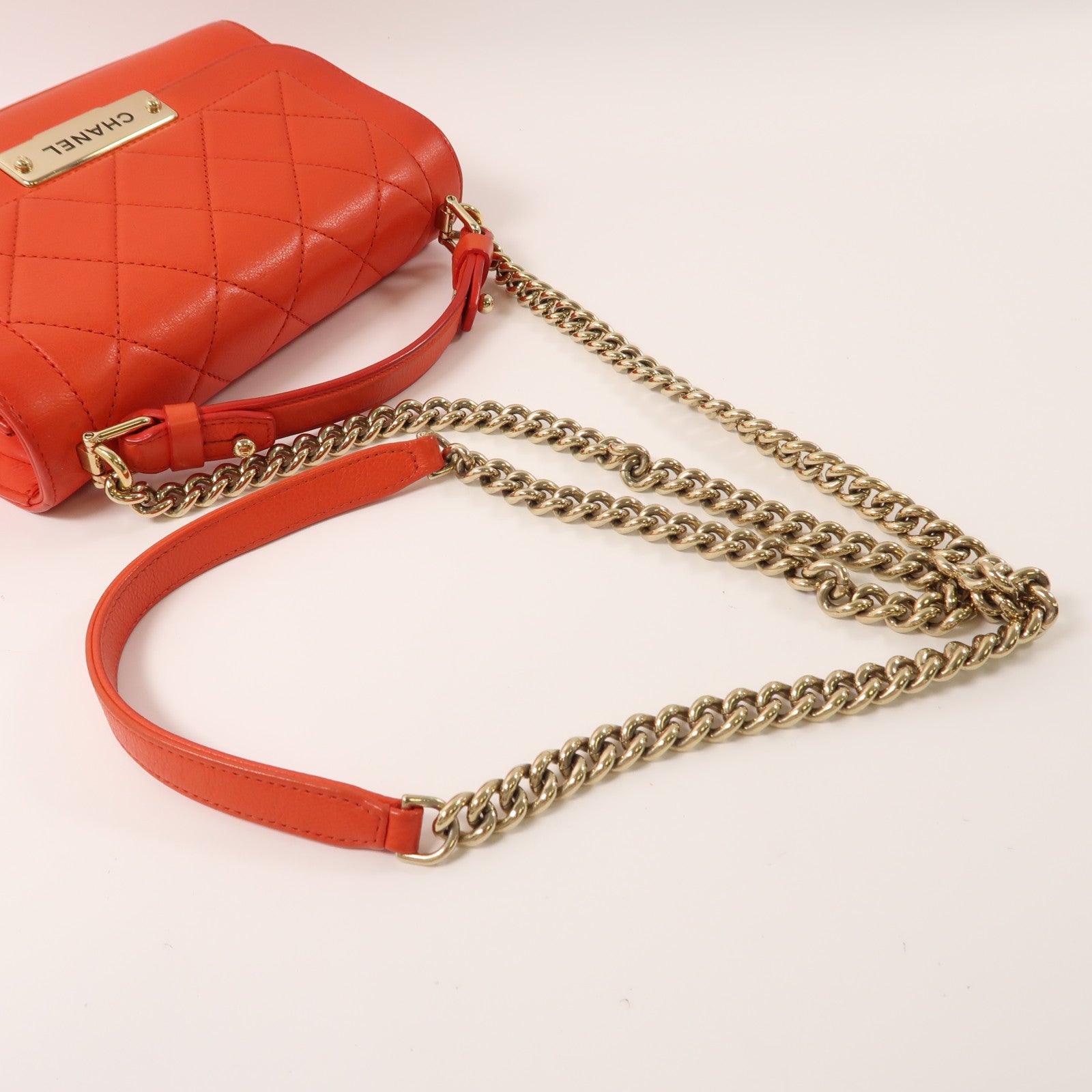 CHANEL 牛皮皮革Shoulder Bag金扣鏈帶手挽肩背兩用袋紅色