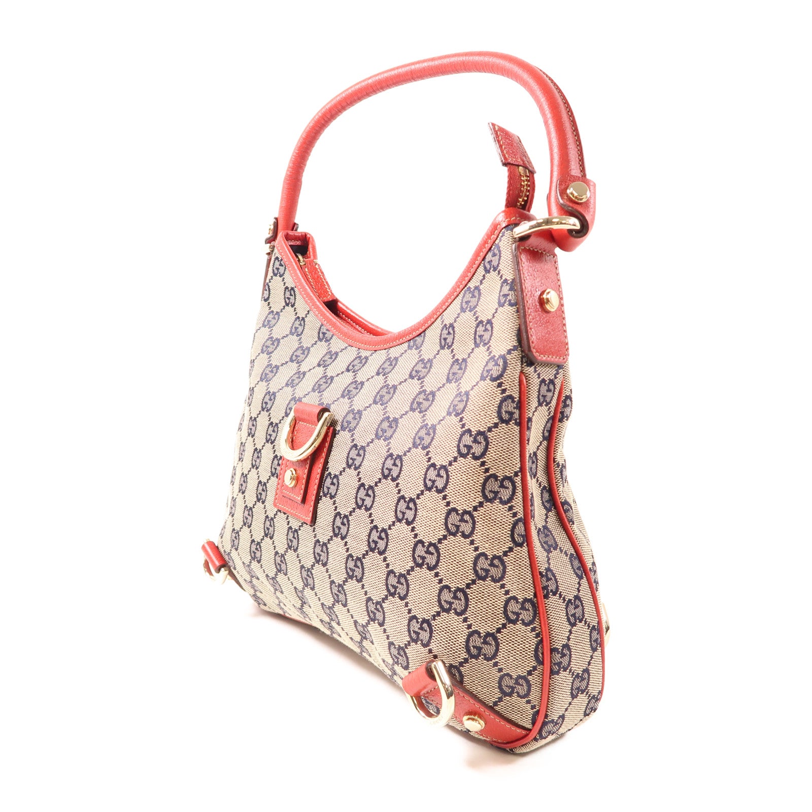GUCCI 帆布/皮革Shoulder Bag金扣肩背袋灰色/紅色