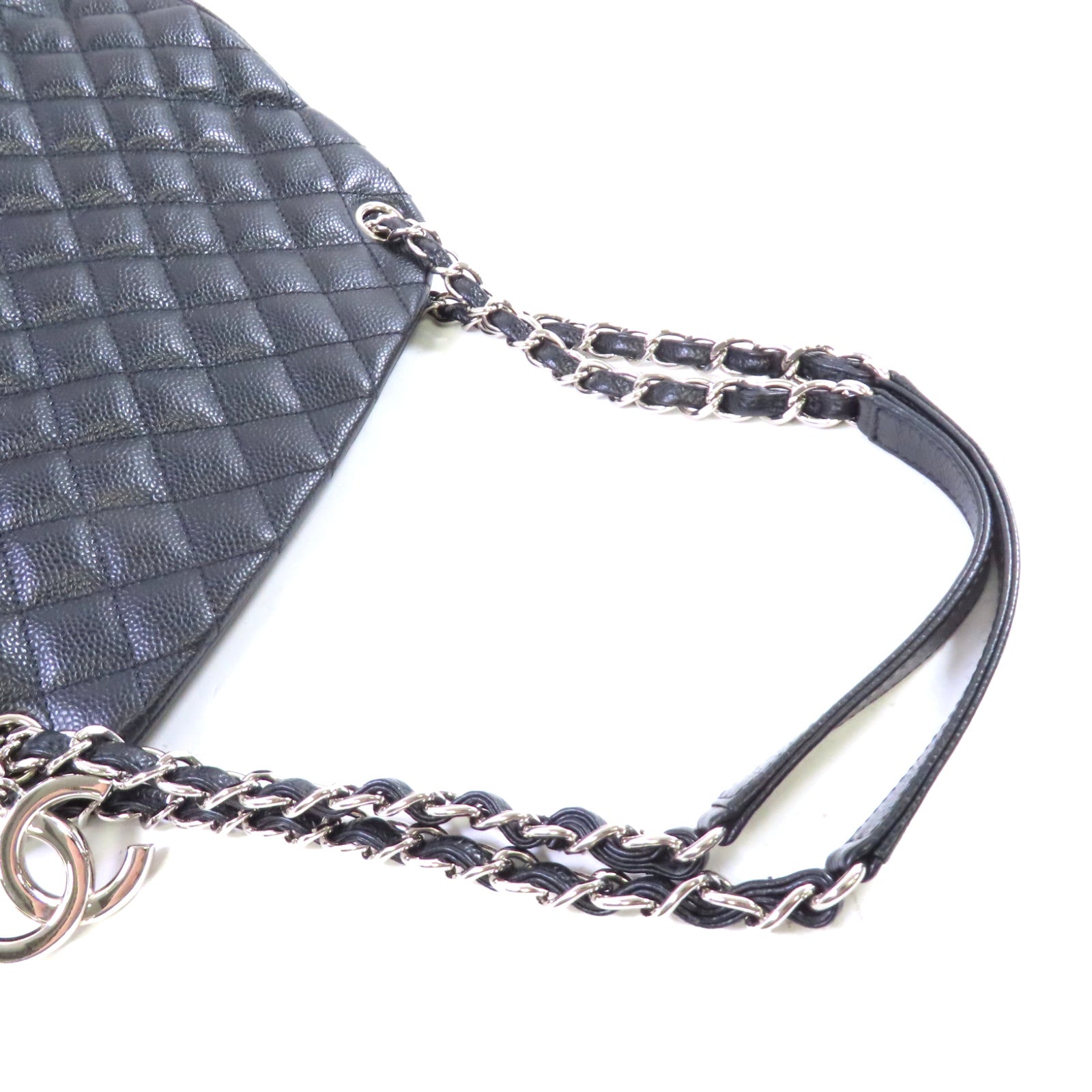 CHANEL 菱格牛皮皮革Chain Shoulder Bag銀扣鏈帶肩背袋黑色