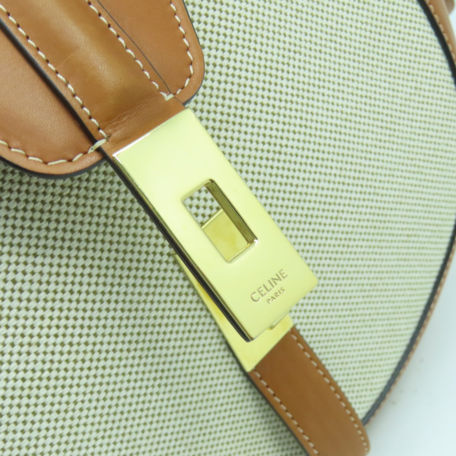 CELINE 牛皮皮革/帆布Shoulder Bag金扣肩背袋啡色/米色