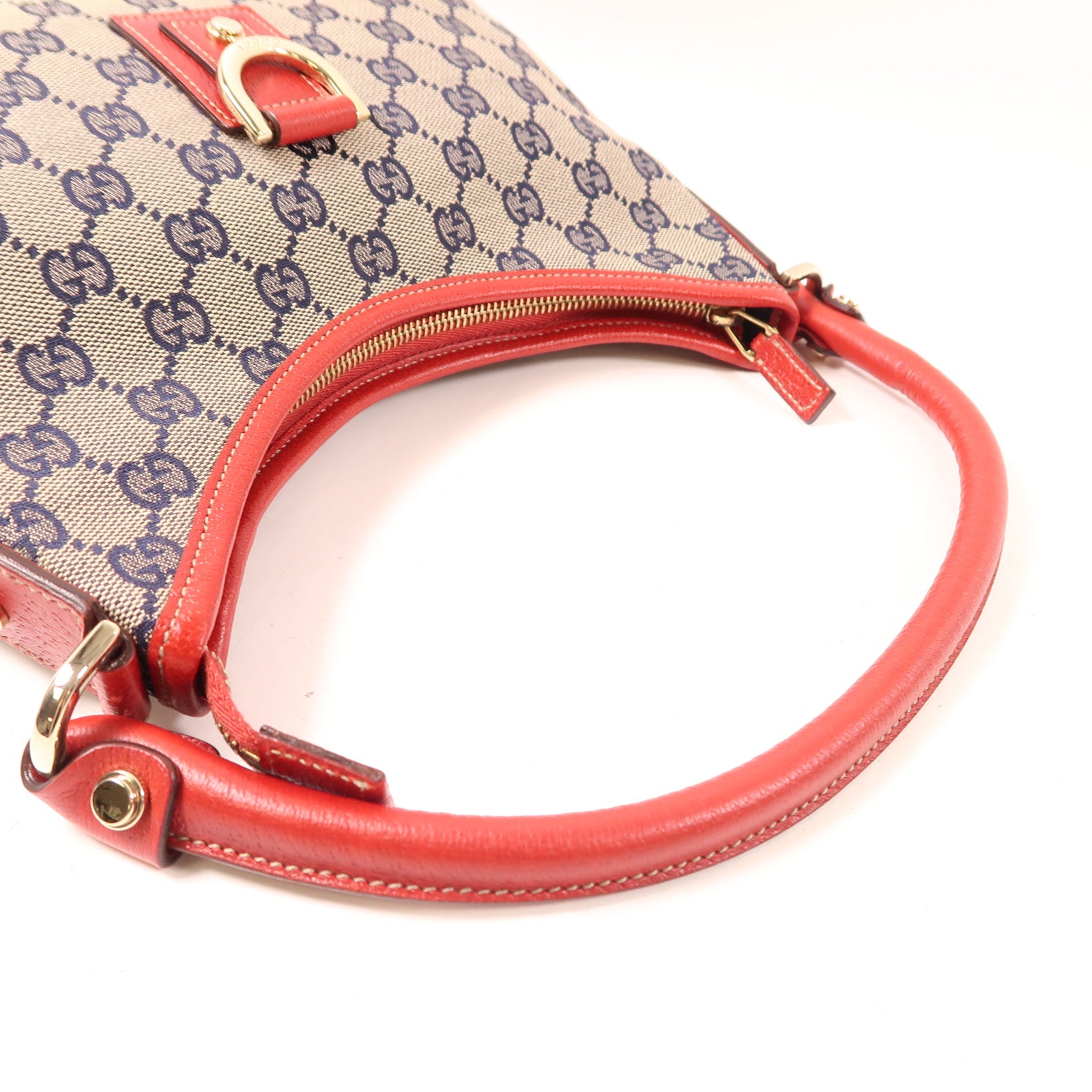 GUCCI 帆布/皮革Shoulder Bag金扣肩背袋灰色/紅色