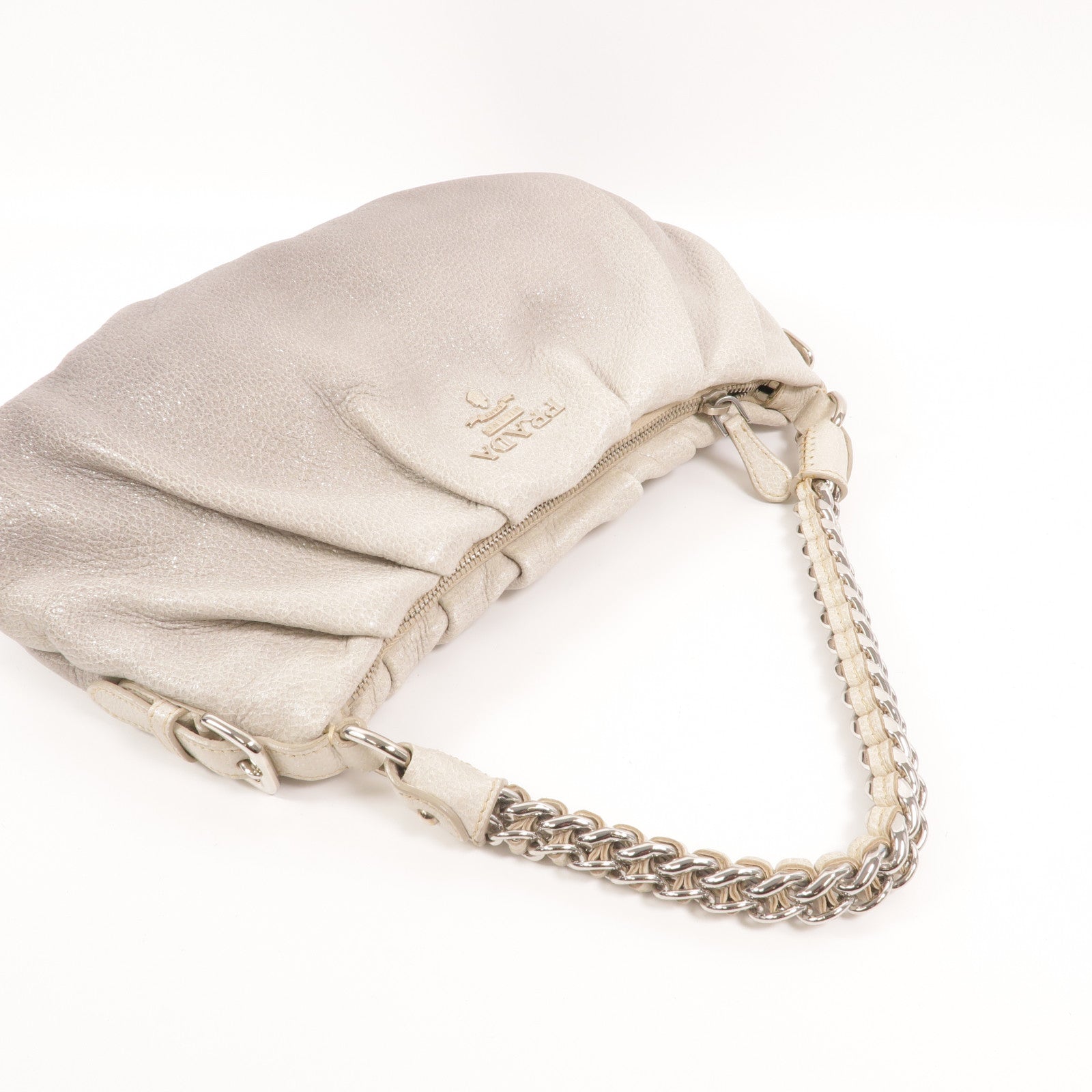 PRADA 牛皮皮革Chain Shoulder銀扣鏈帶肩背袋
