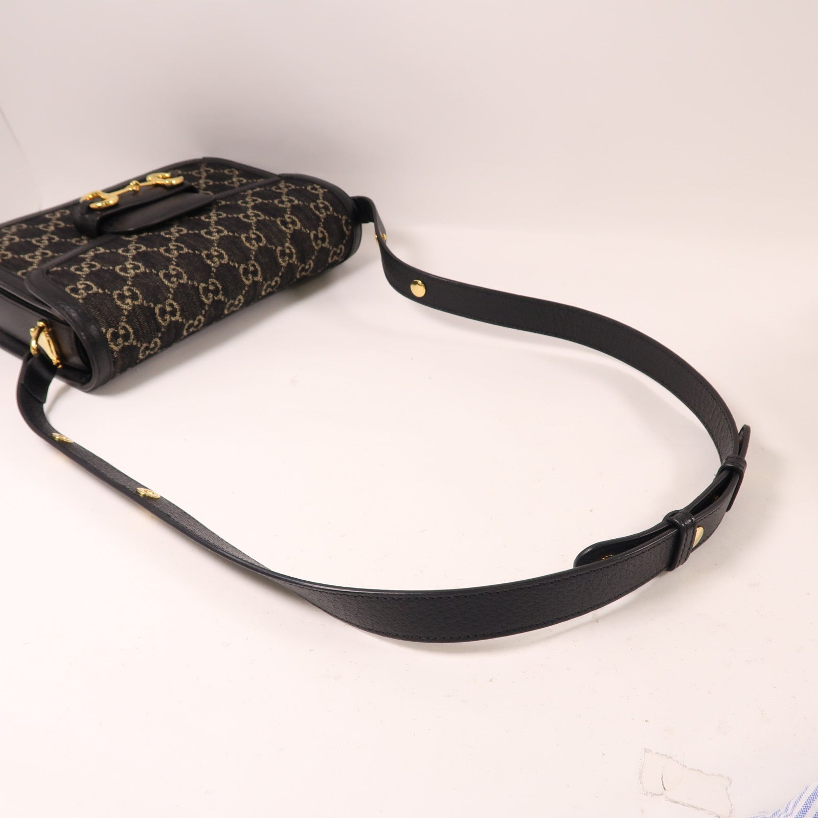 GUCCI GG帆布/皮革Horsebit 1955金扣肩背袋黑色