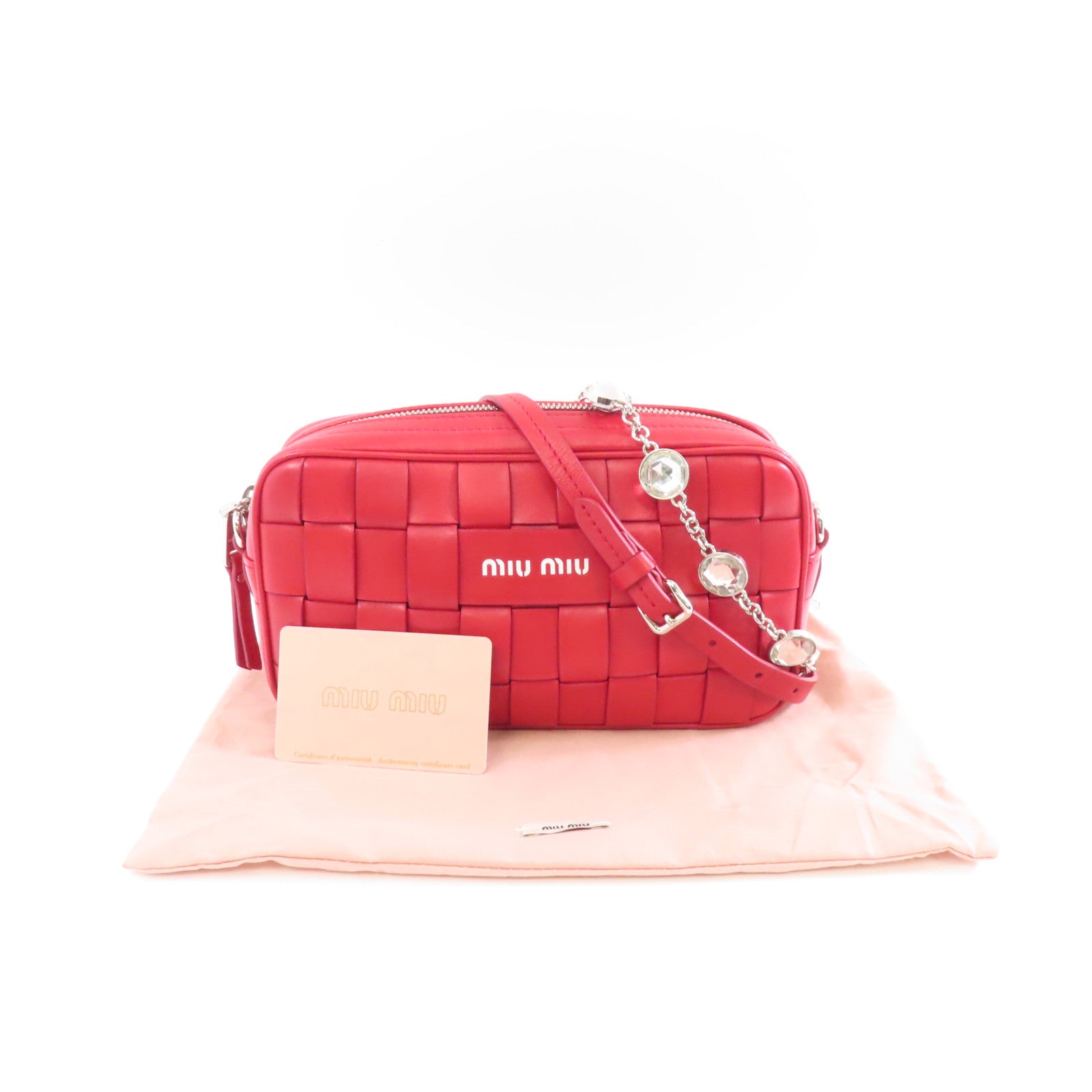 Miu Miu 【激減優惠】羊皮皮革Crystal Chain Shoulder Bag銀扣肩背袋紅色