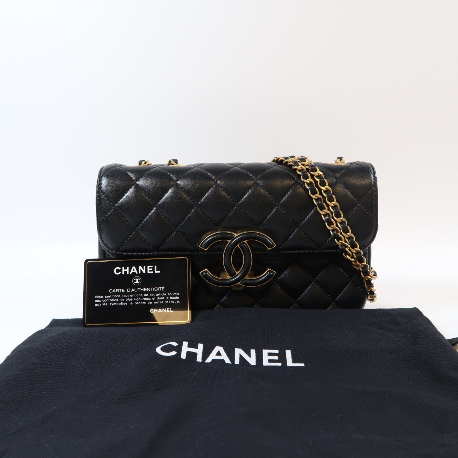 CHANEL 菱格羊皮皮革Double Flap Bag金扣鏈帶肩背袋黑色