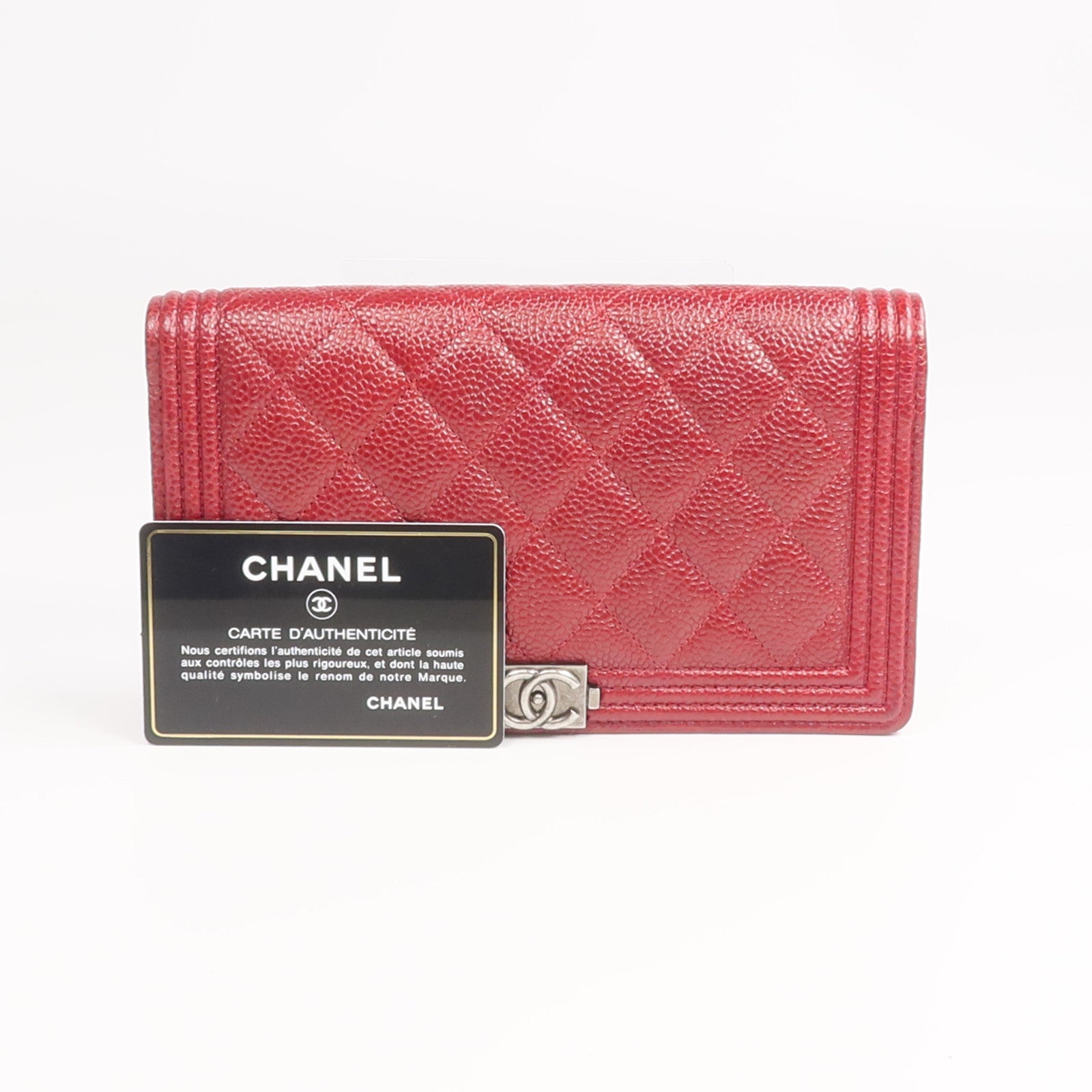 CHANEL 牛皮皮革Boy Long Wallet銀扣長錢包