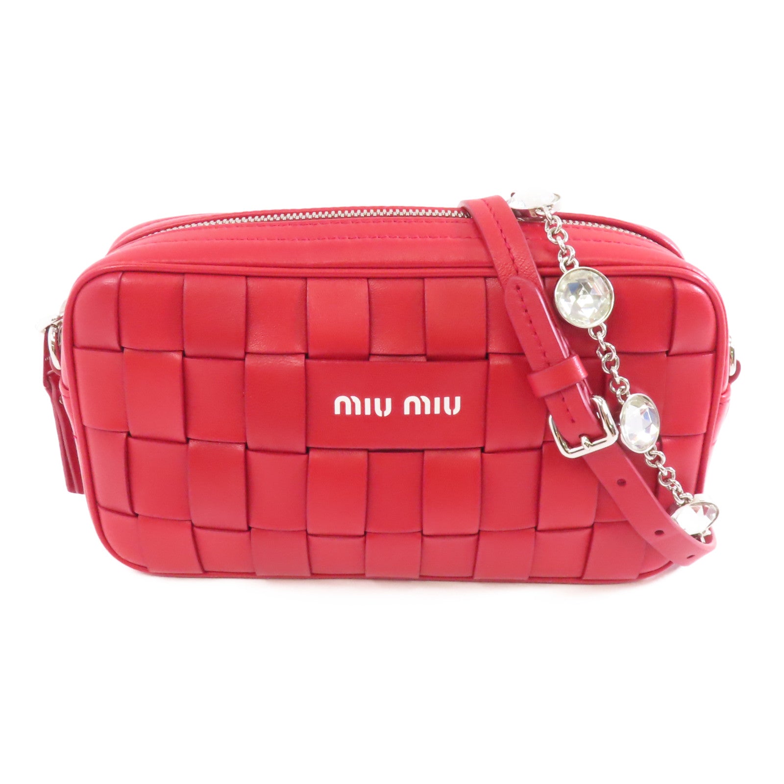 Miu Miu 【激減優惠】羊皮皮革Crystal Chain Shoulder Bag銀扣肩背袋紅色
