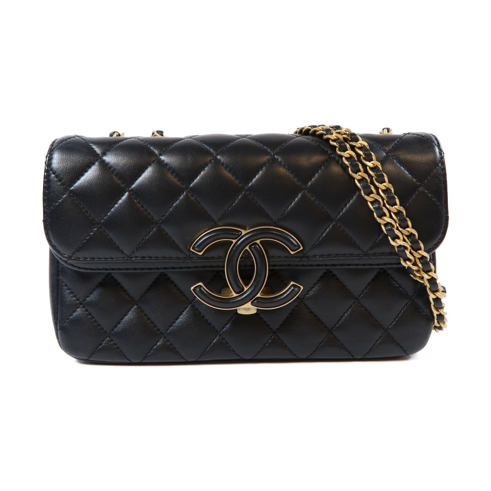 CHANEL 菱格羊皮皮革Double Flap Bag金扣鏈帶肩背袋黑色