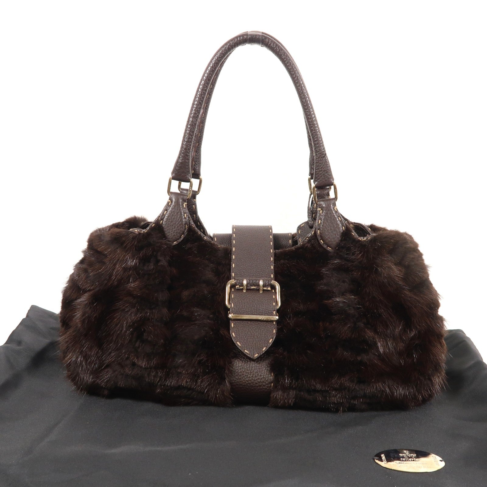 FENDI 牛皮皮革/Fur Shoulder Bag銀扣肩背袋棕色