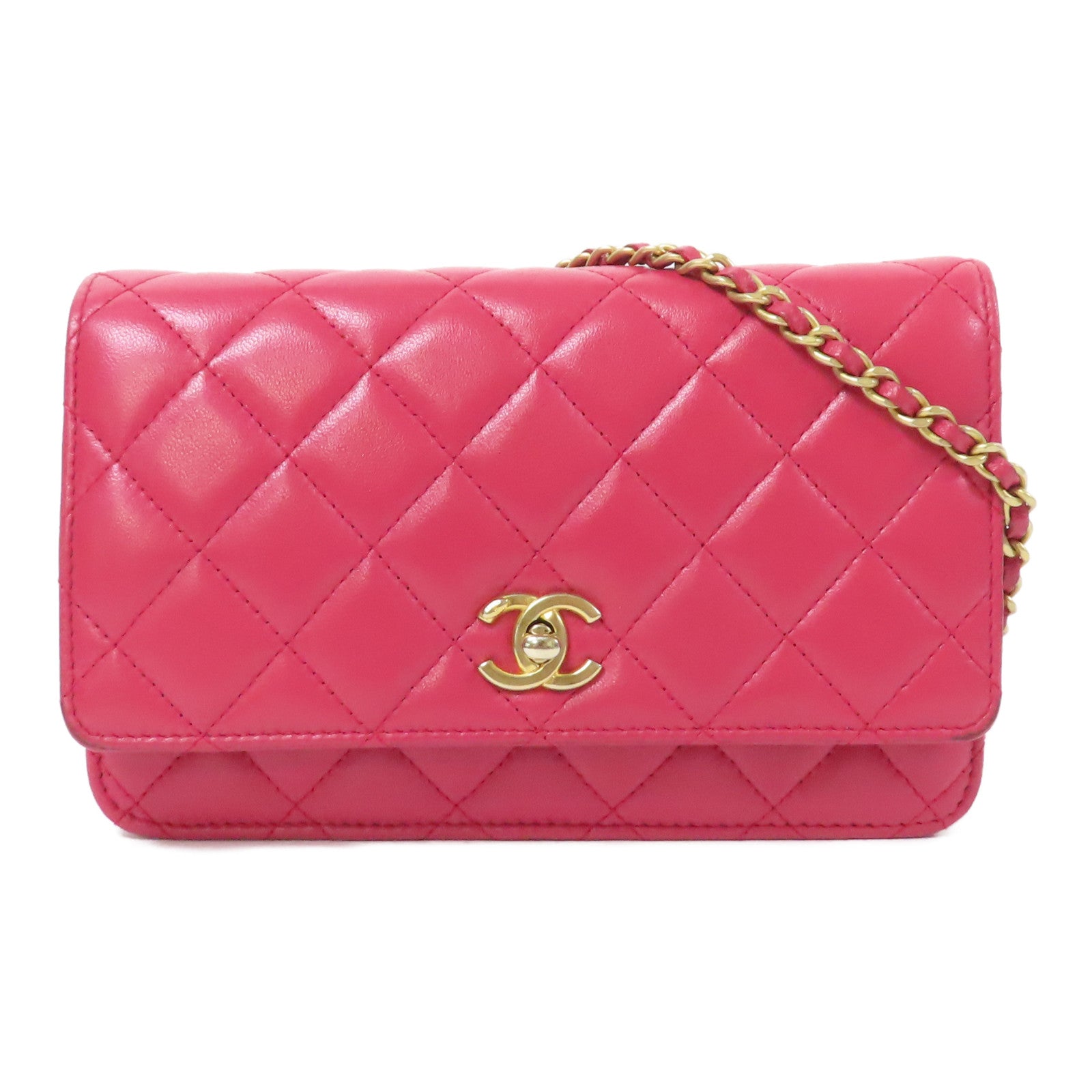 CHANEL 【激減優惠】菱格羊皮皮革WOC金扣鏈帶肩背袋粉紅色