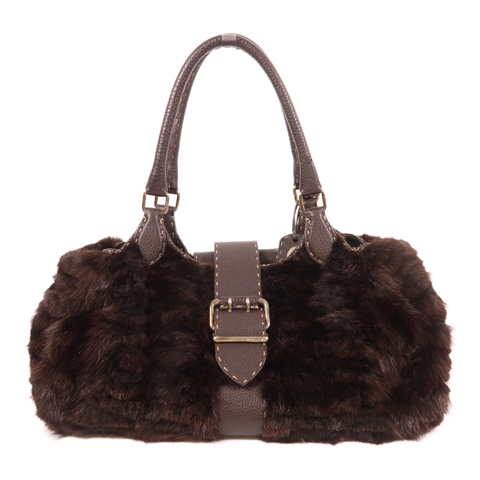 FENDI 牛皮皮革/Fur Shoulder Bag銀扣肩背袋棕色