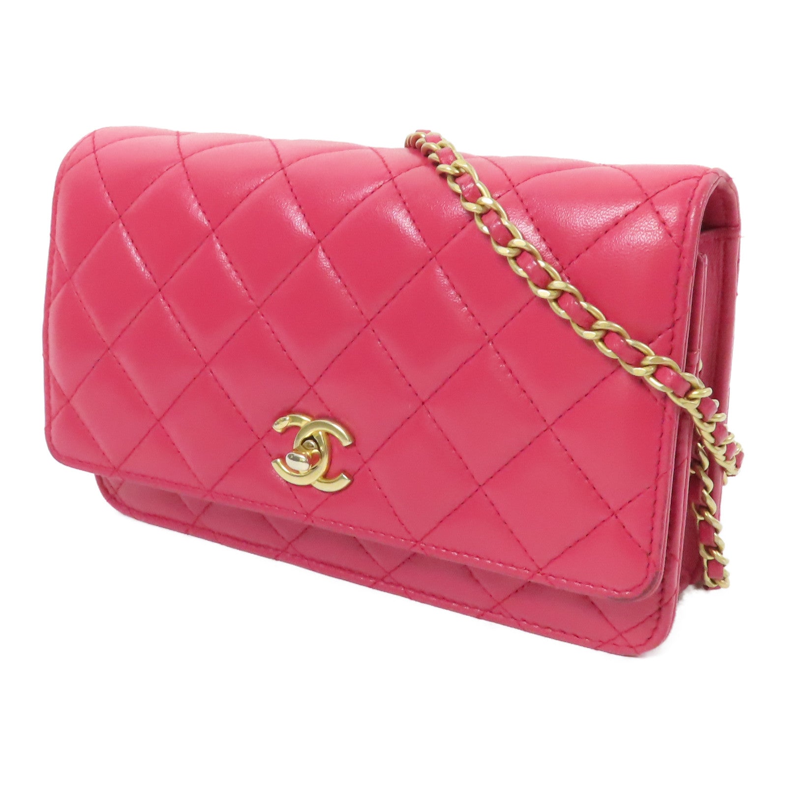 CHANEL 【激減優惠】菱格羊皮皮革WOC金扣鏈帶肩背袋粉紅色