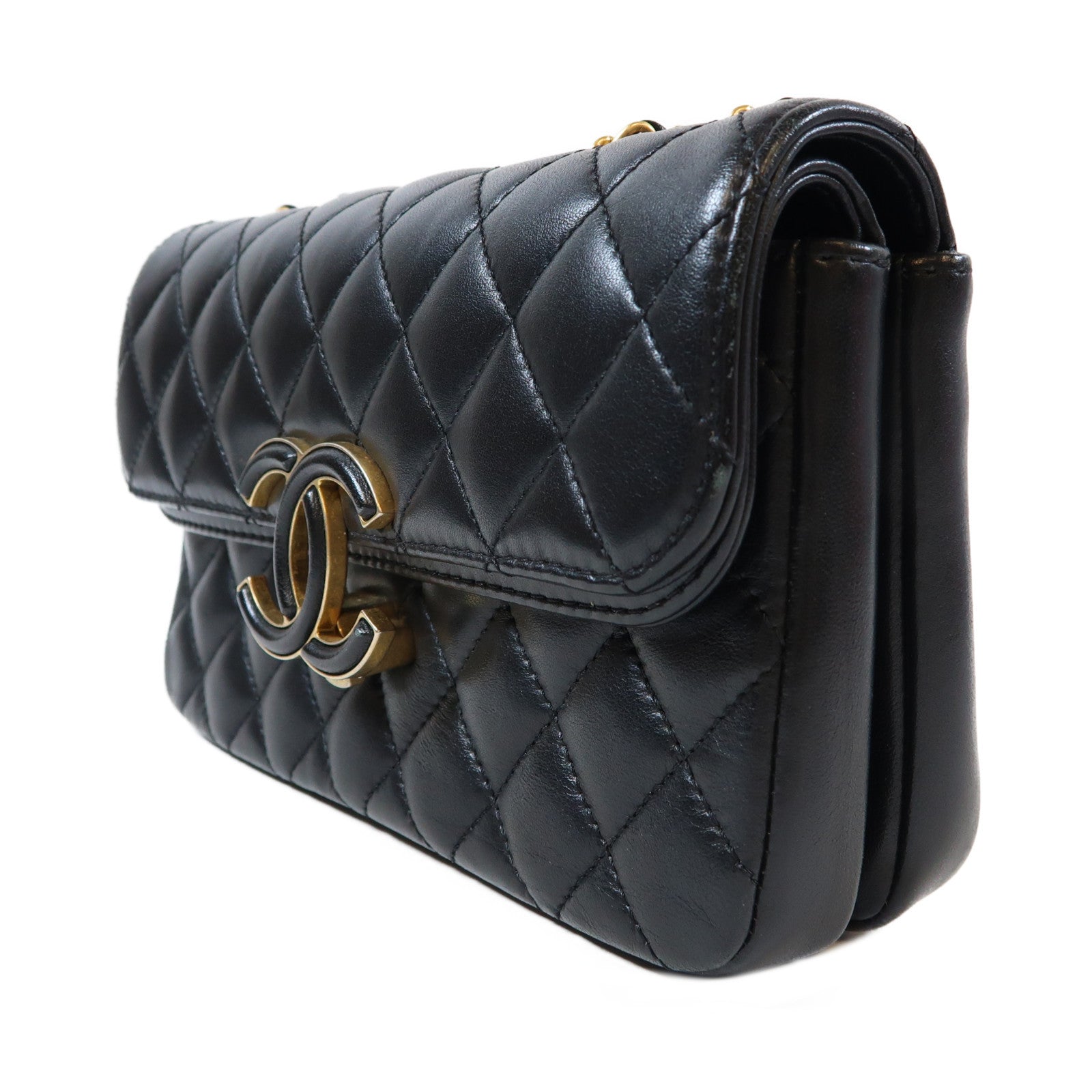 CHANEL 菱格羊皮皮革Double Flap Bag金扣鏈帶肩背袋黑色