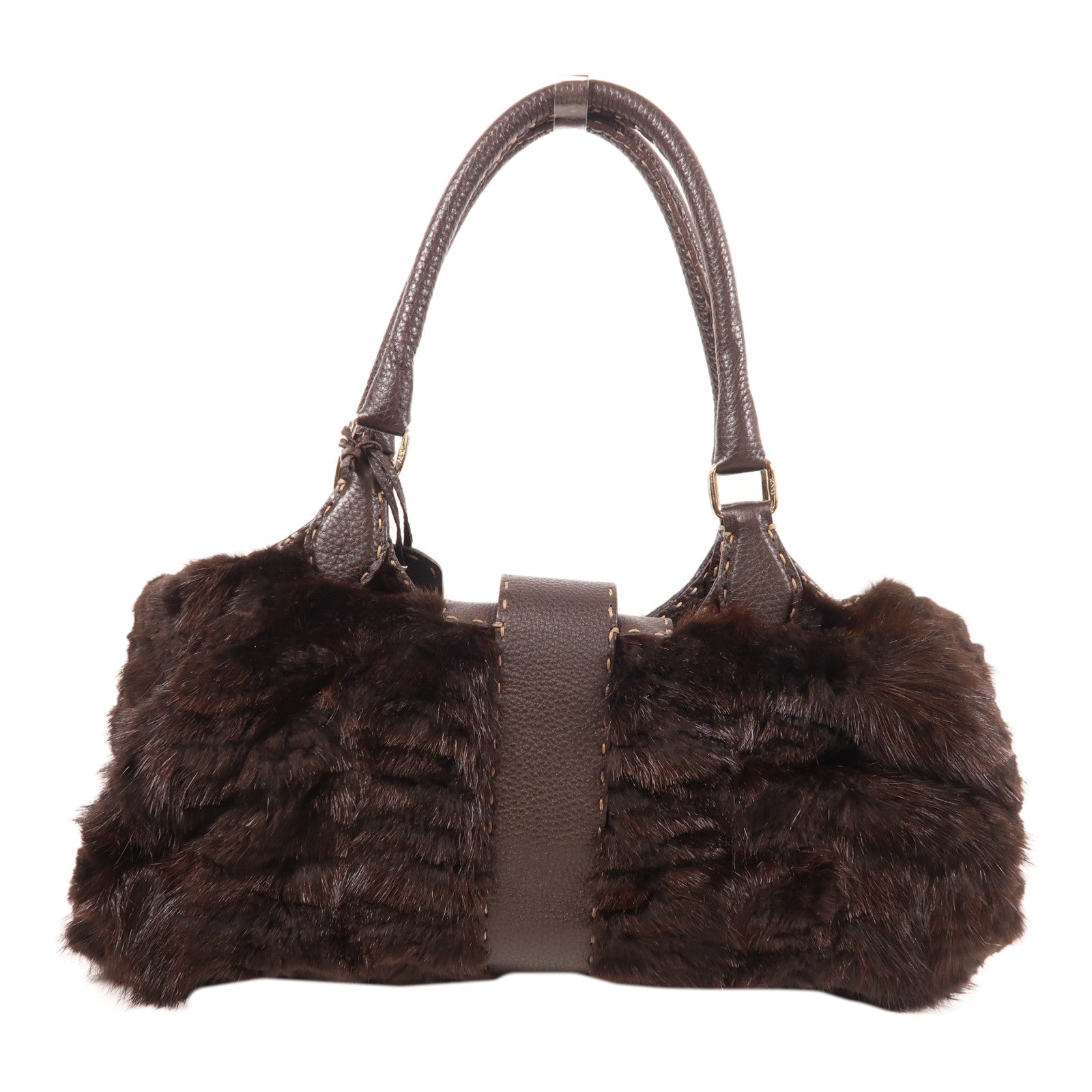 FENDI 牛皮皮革/Fur Shoulder Bag銀扣肩背袋棕色