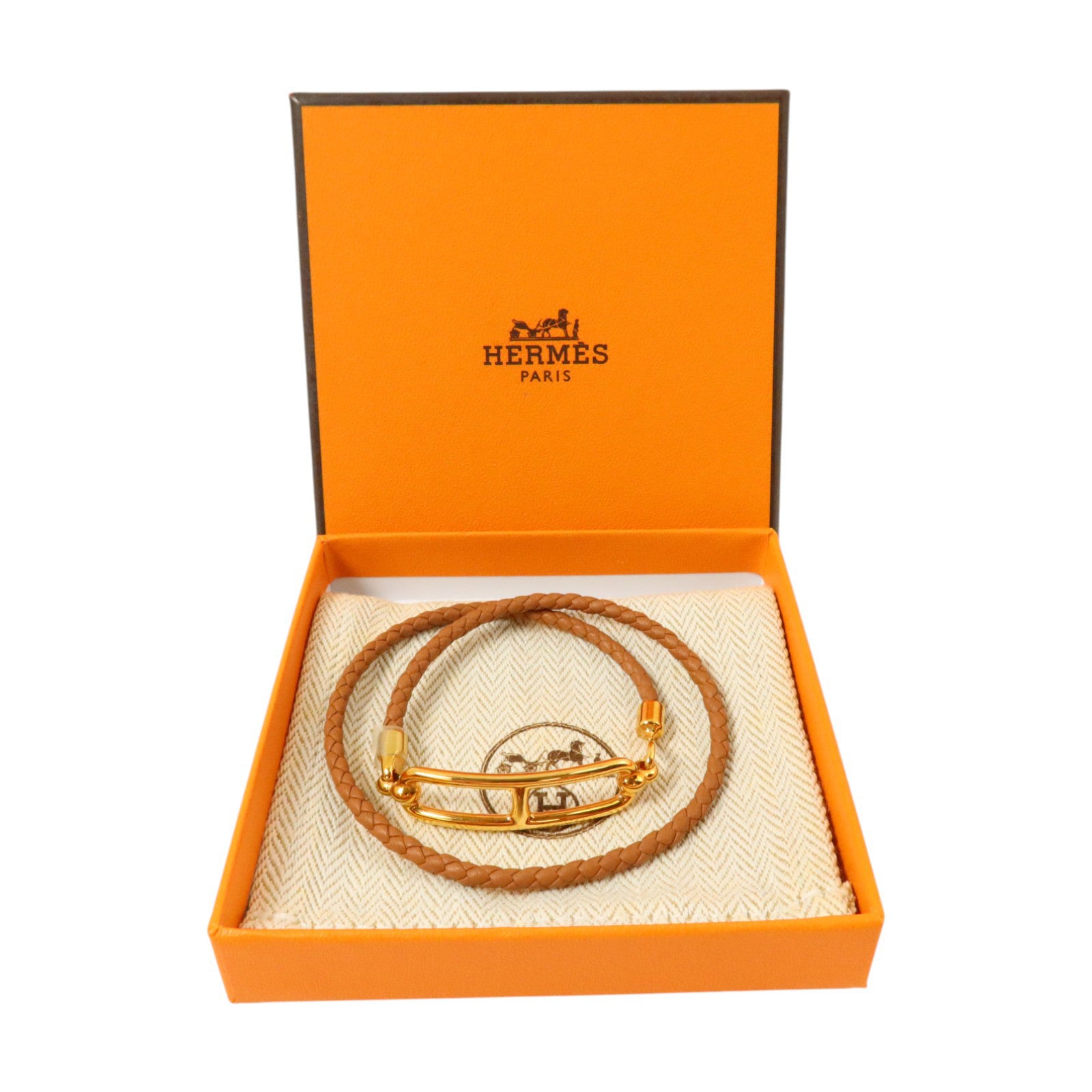 HERMES Swift皮革/金屬Roulis Double Bracelet金扣手鏈Gold