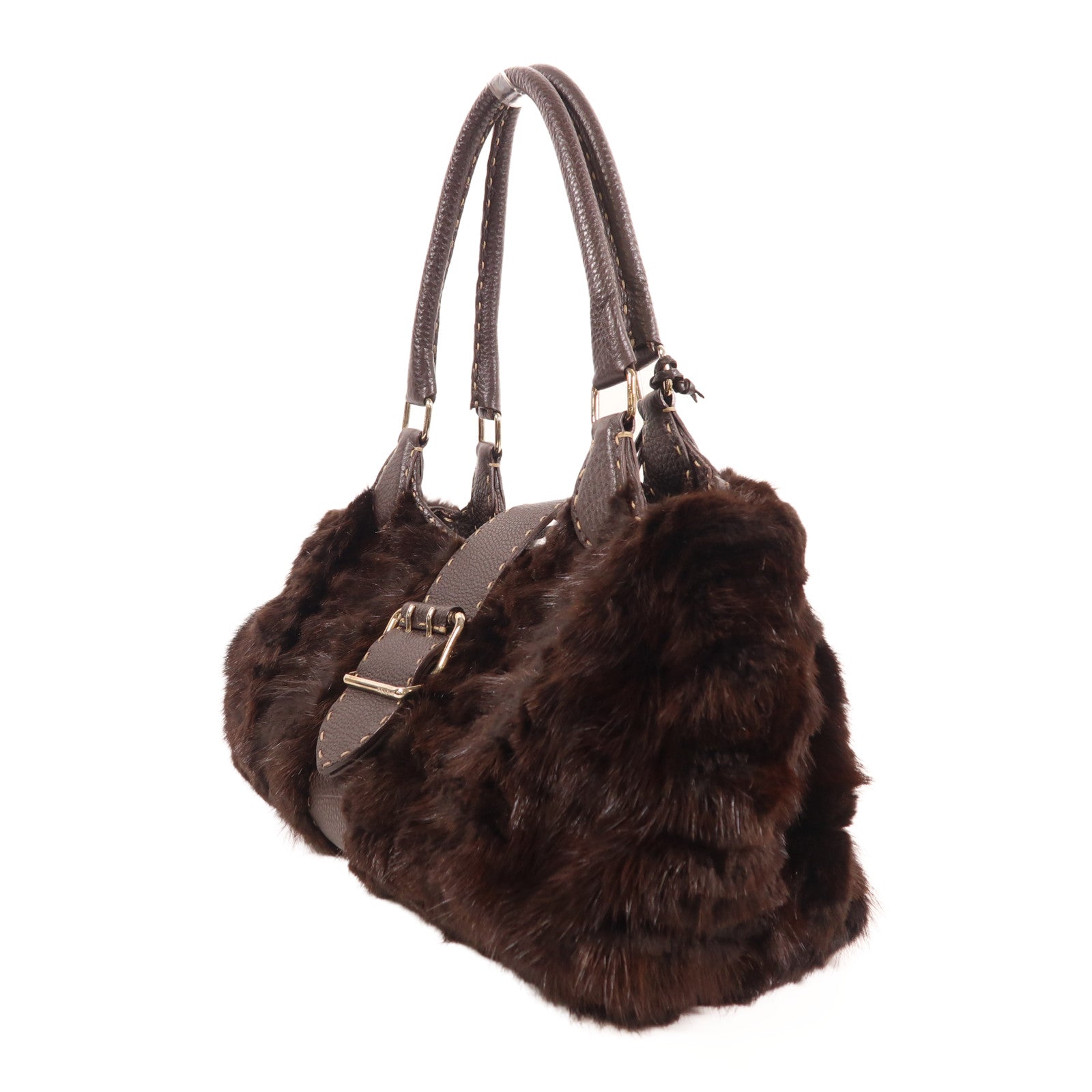 FENDI 牛皮皮革/Fur Shoulder Bag銀扣肩背袋棕色