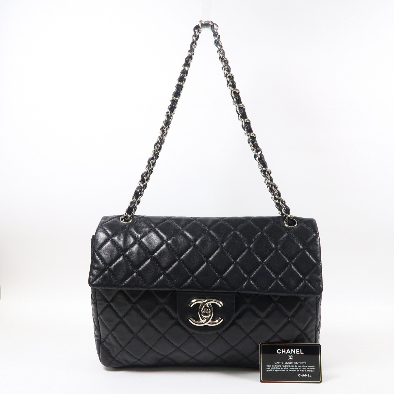 CHANEL 菱格羊皮皮革Shoulder Bag銀扣鏈帶肩背袋黑色