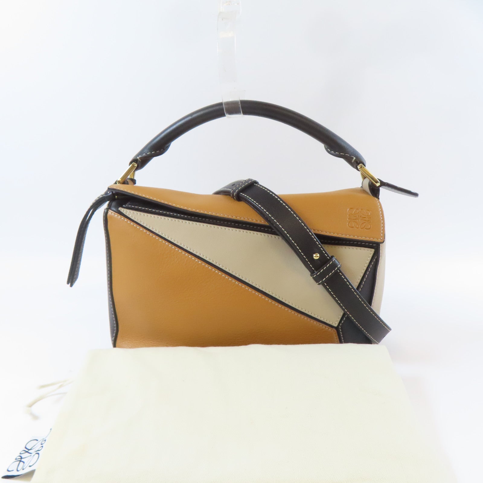 LOEWE 牛皮皮革Puzzle Bag金扣手挽肩背兩用袋啡色/黑色/米色