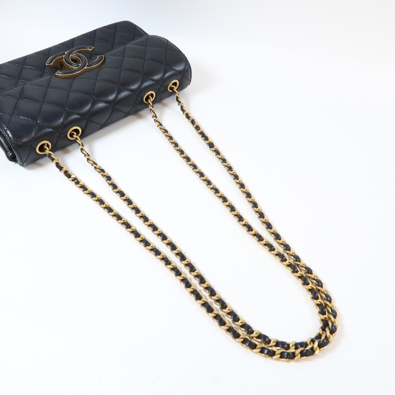 CHANEL 菱格羊皮皮革Double Flap Bag金扣鏈帶肩背袋黑色
