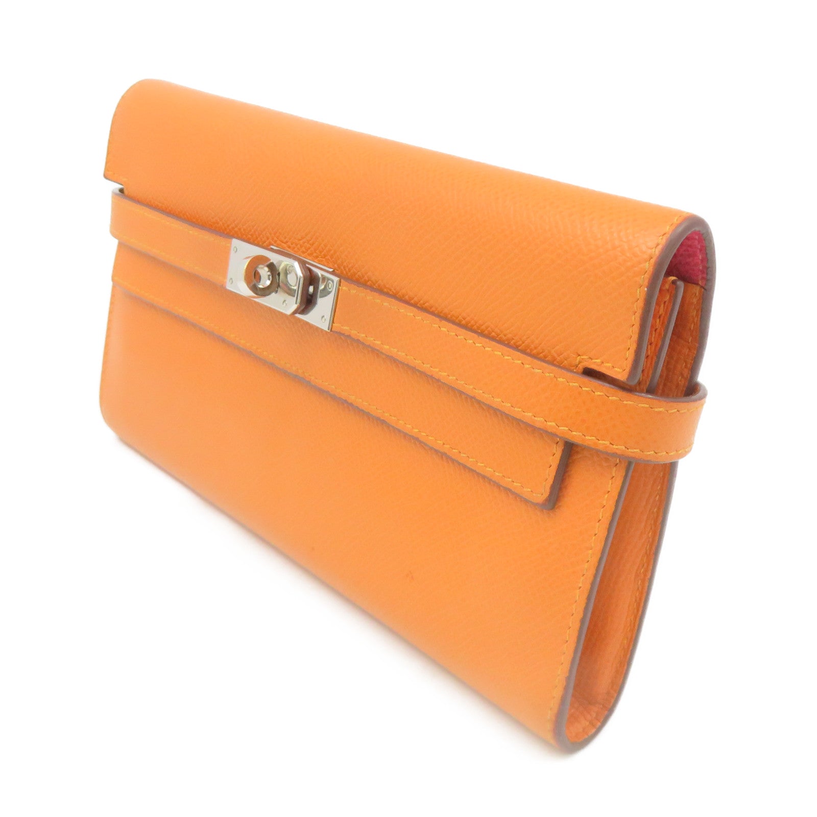 HERMES Epsom Leather Kelly Wallet Silver Buckle Long Wallet Orange Orange