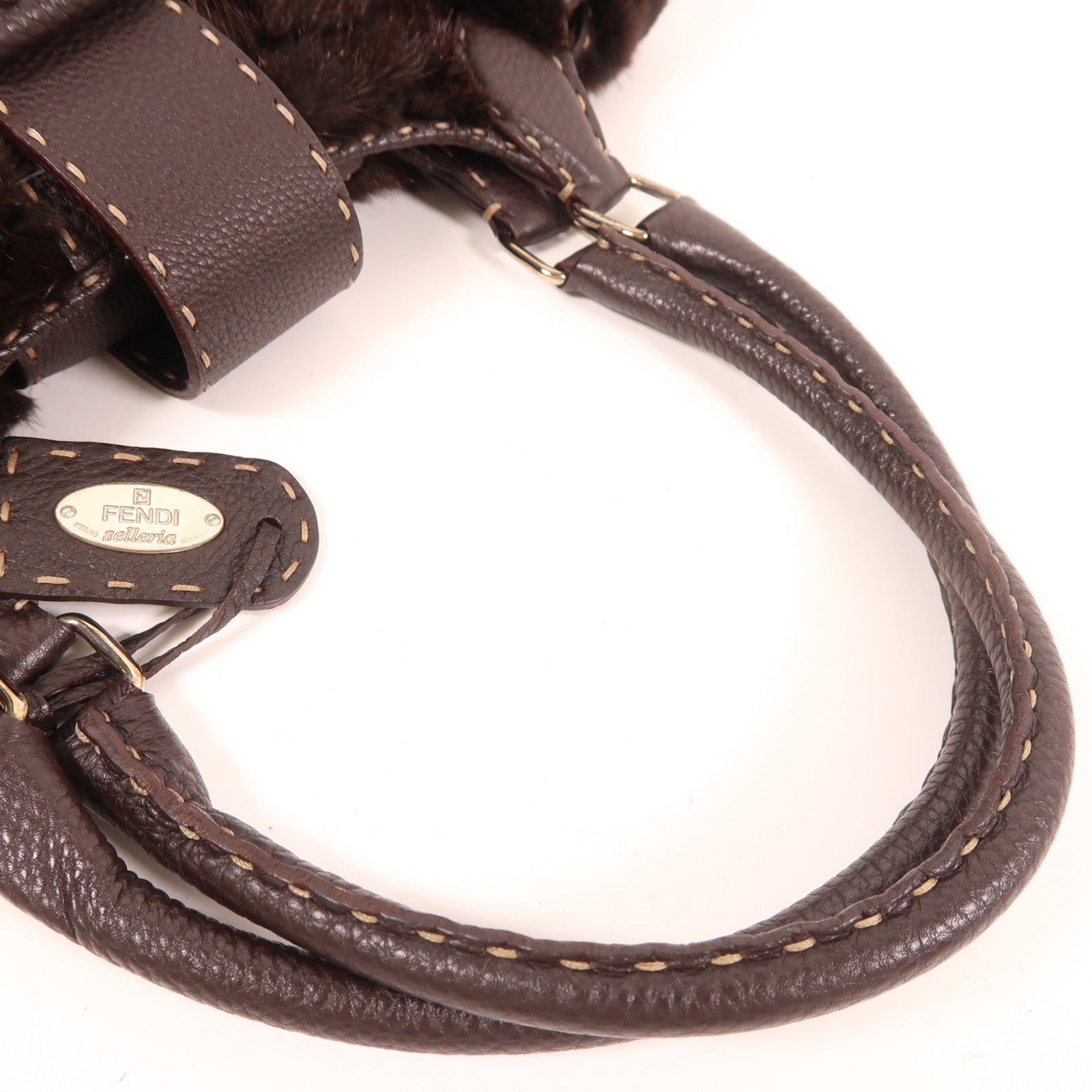 FENDI 牛皮皮革/Fur Shoulder Bag銀扣肩背袋棕色