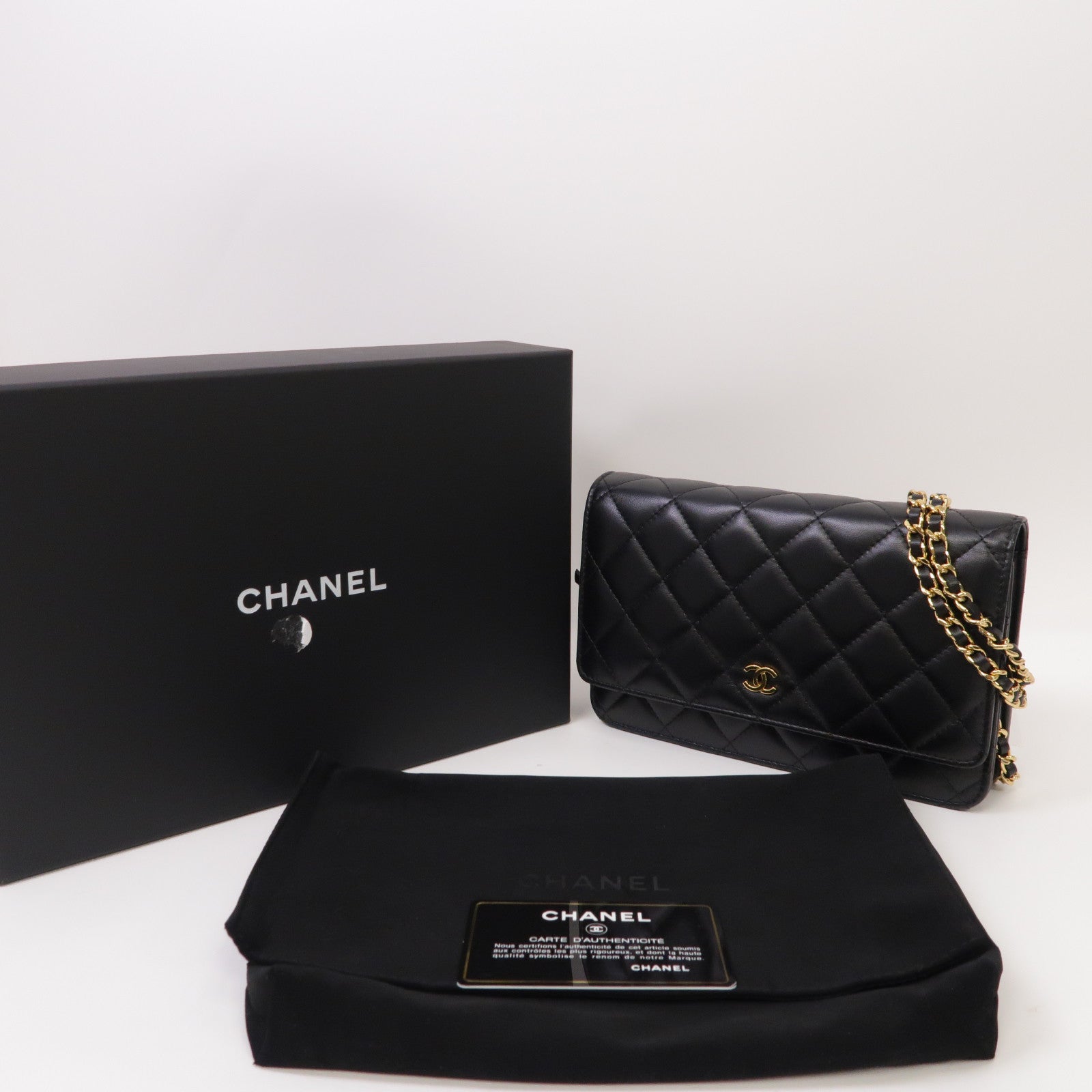 CHANEL 菱格羊皮皮革Wallet On Chain金扣鏈帶肩背袋黑色