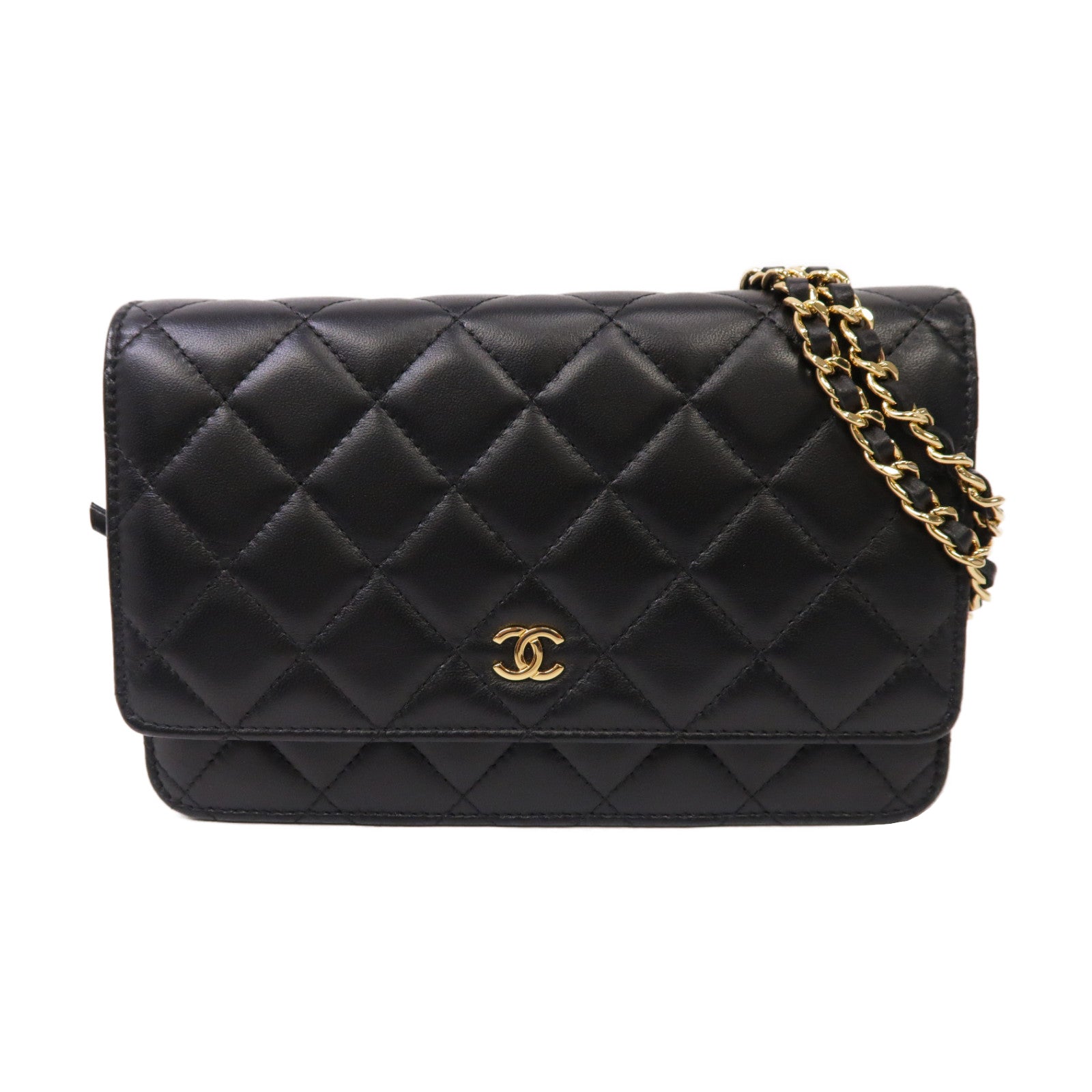 CHANEL 菱格羊皮皮革Wallet On Chain金扣鏈帶肩背袋黑色