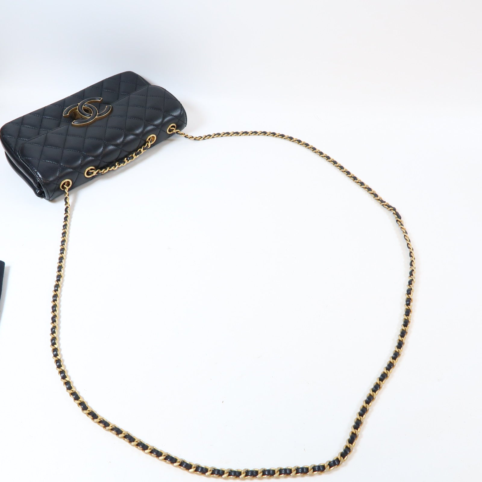 CHANEL 菱格羊皮皮革Double Flap Bag金扣鏈帶肩背袋黑色