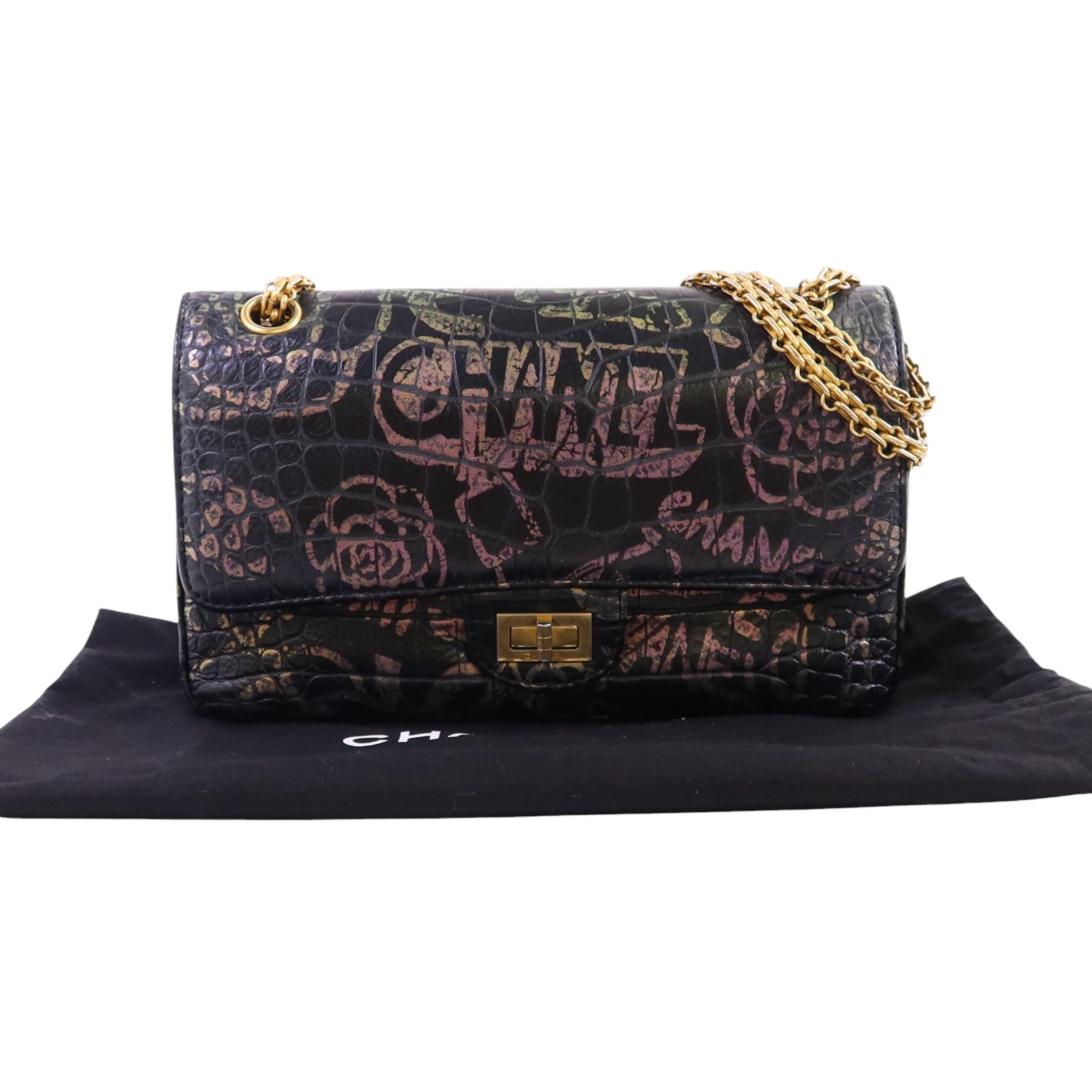 CHANEL 牛皮皮革2.55 Graffiti Reissue金扣鏈帶肩背袋