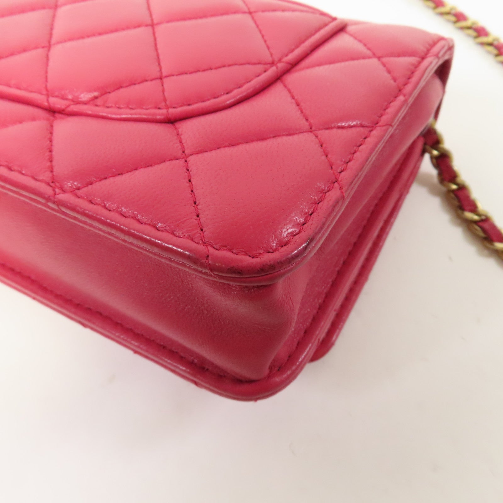 CHANEL 【激減優惠】菱格羊皮皮革WOC金扣鏈帶肩背袋粉紅色