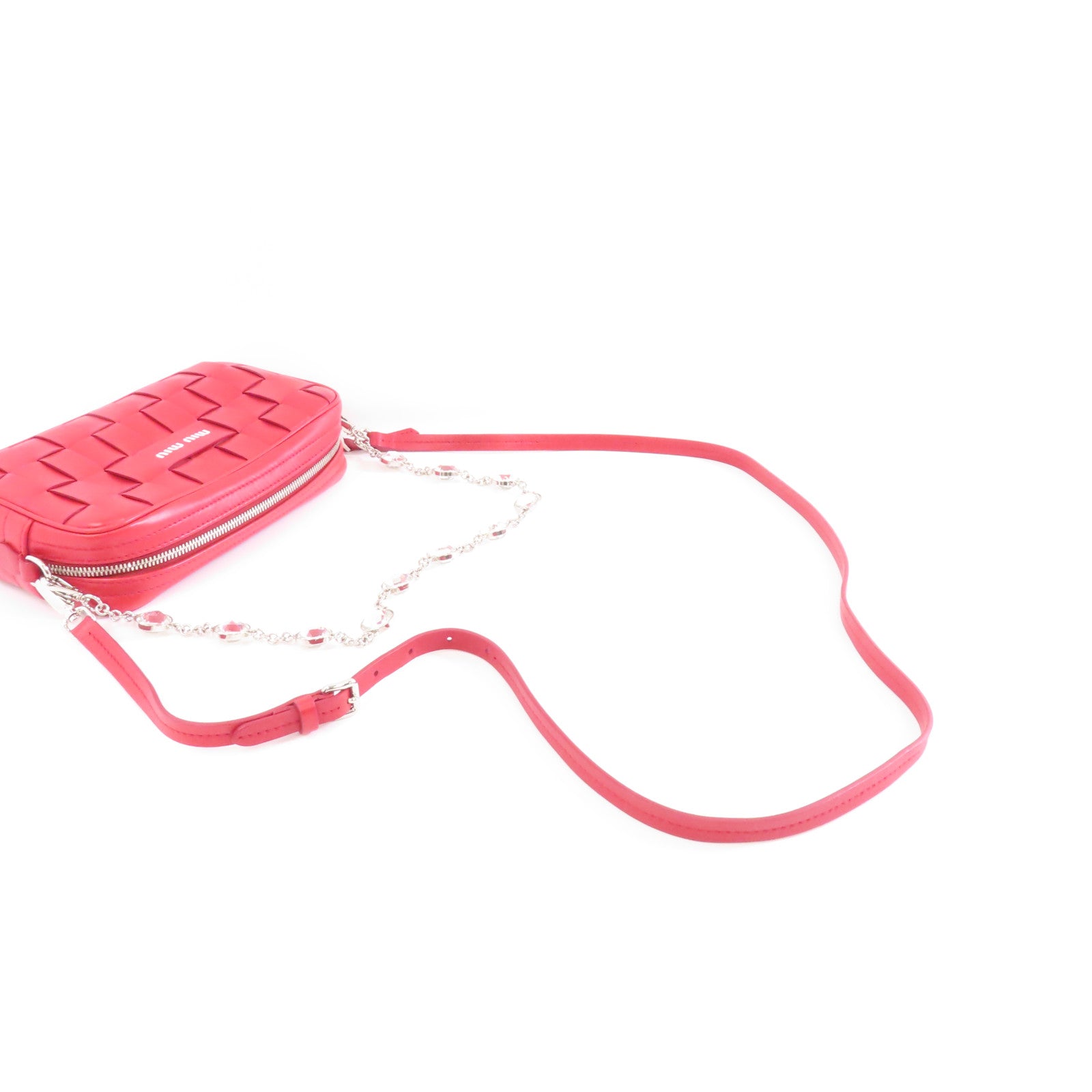 Miu Miu 【激減優惠】羊皮皮革Crystal Chain Shoulder Bag銀扣肩背袋紅色