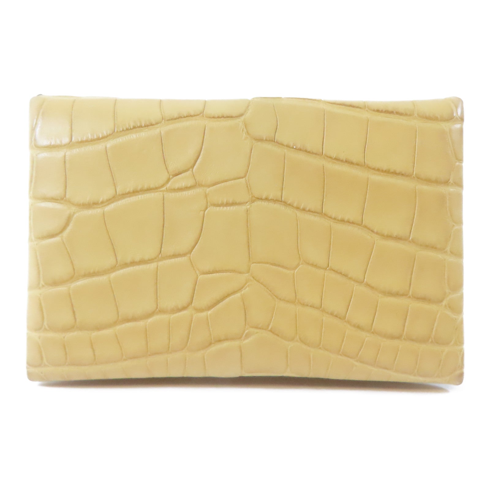 HERMES 鱷魚皮革Calvi Duo銀扣卡片套Jaune Ambre/黃色