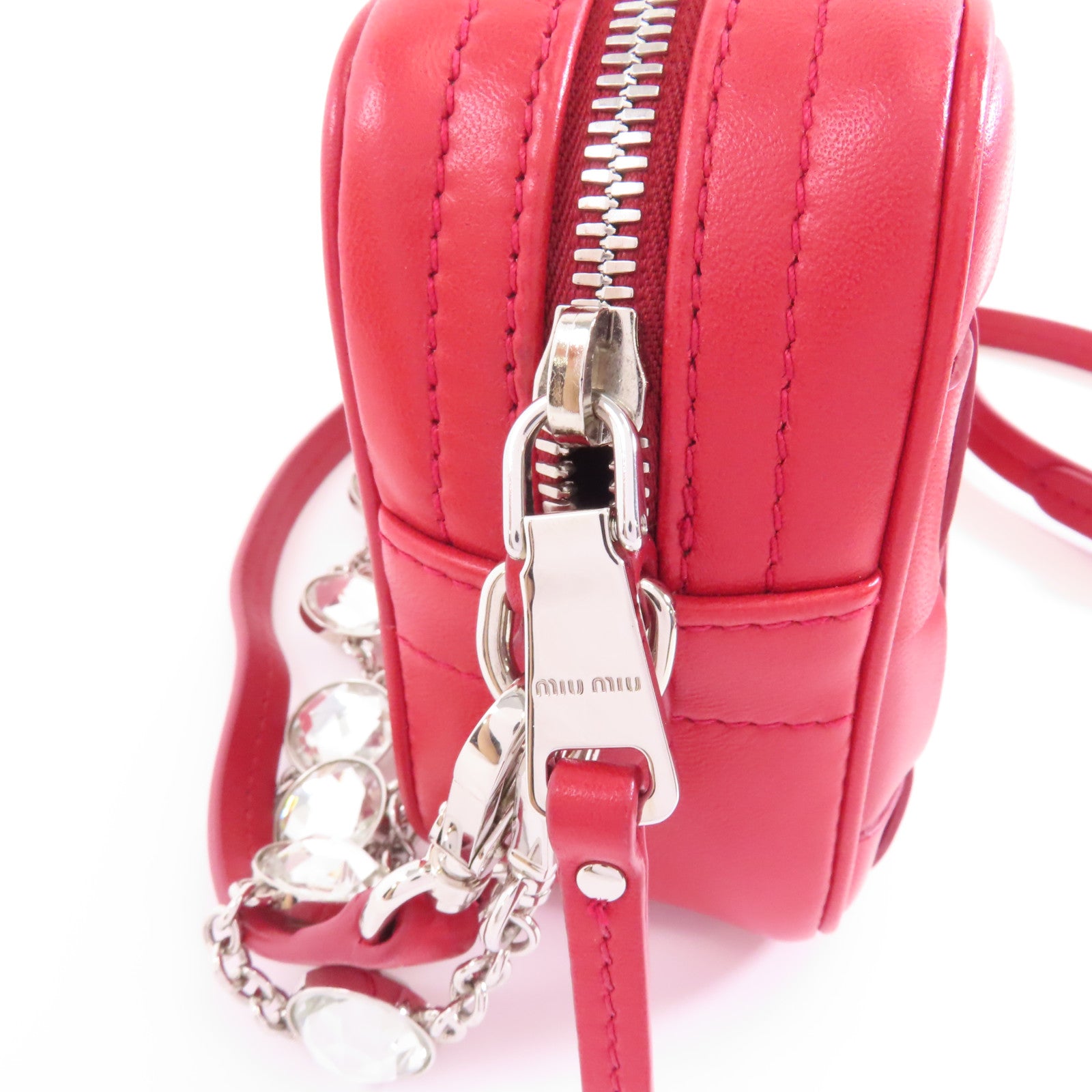 Miu Miu 【激減優惠】羊皮皮革Crystal Chain Shoulder Bag銀扣肩背袋紅色