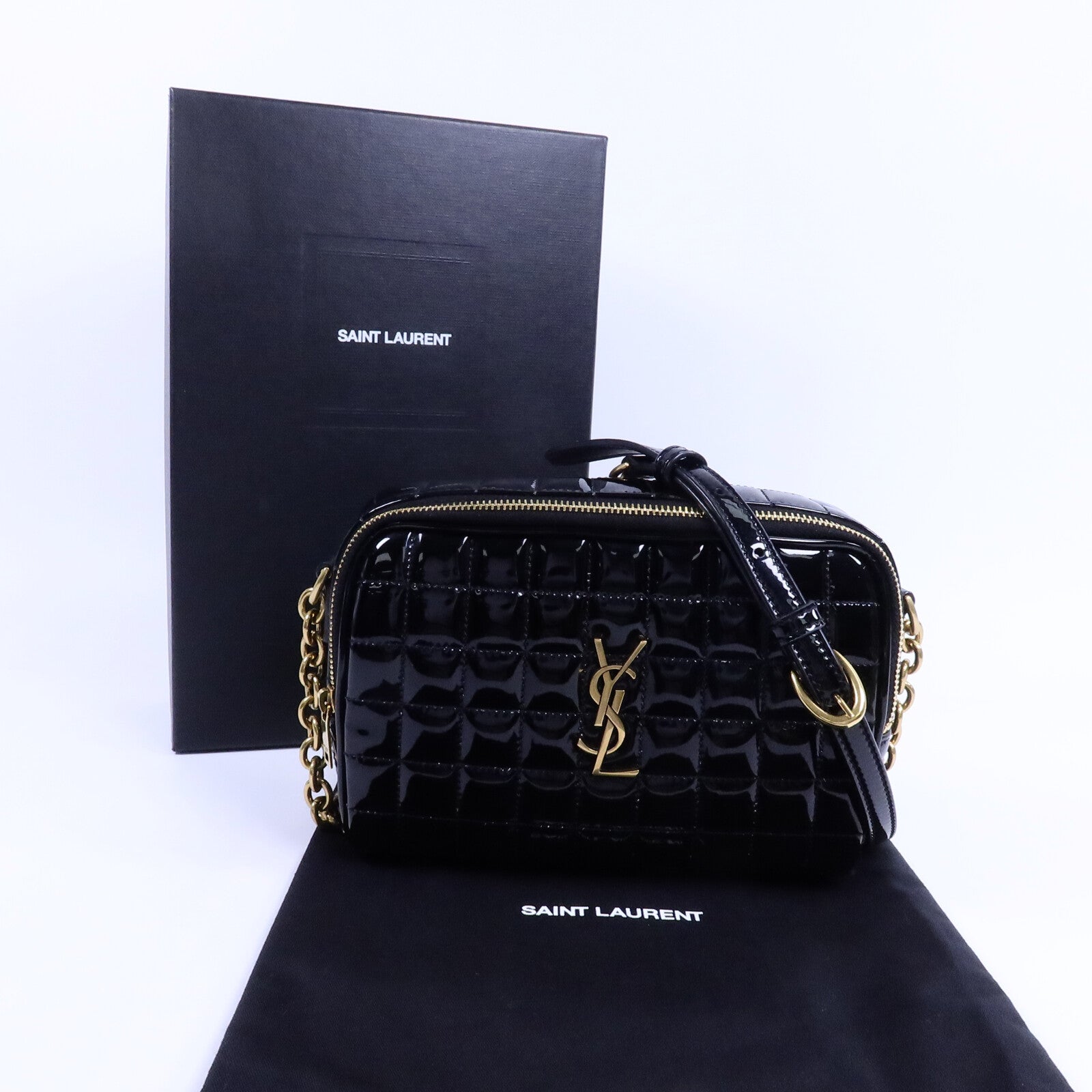 SAINT LAURENT 漆皮皮革Mini Cassandre Camera Bag鏈帶肩背袋