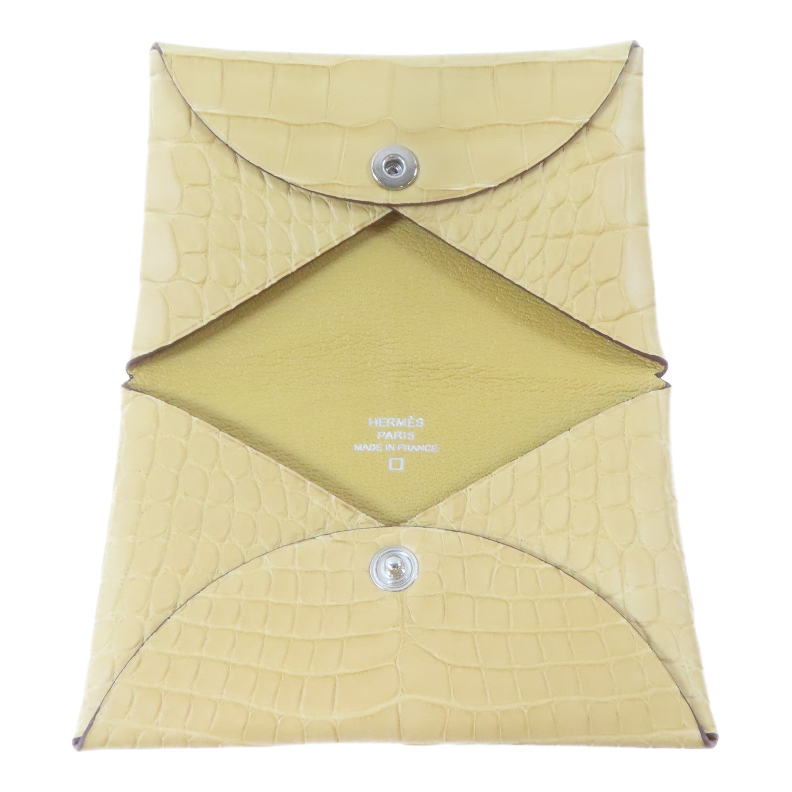 HERMES 鱷魚皮革Calvi Duo銀扣卡片套Jaune Ambre/黃色