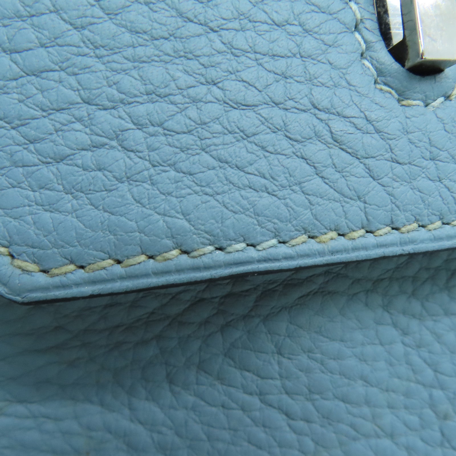 HERMES Clemence皮革Shoulder Birkin银扣手挽袋灰水蓝