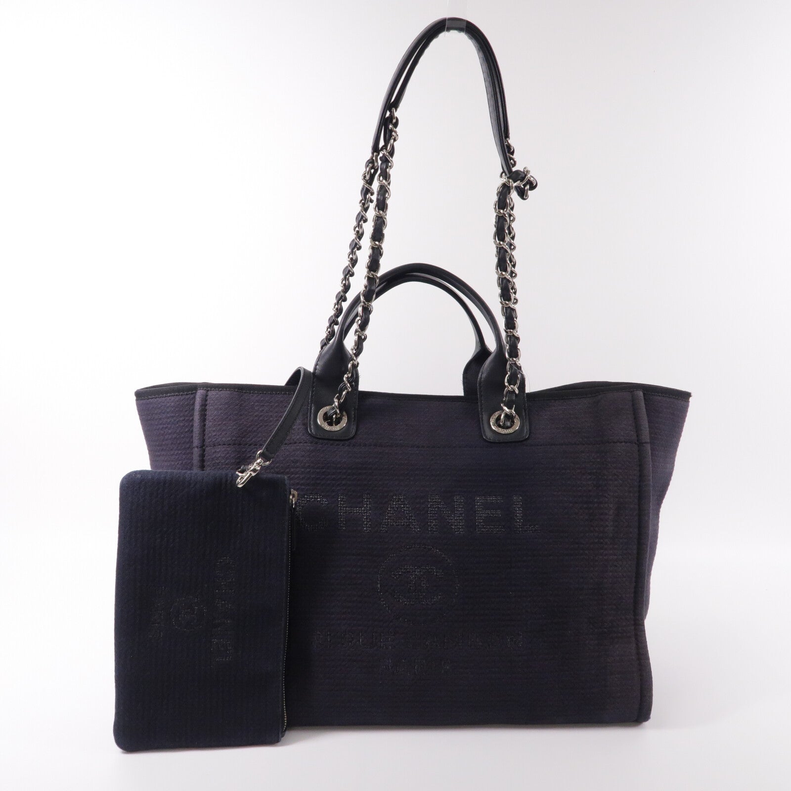 CHANEL 帆布Deauville Tote Medium鏈帶手挽肩背兩用袋