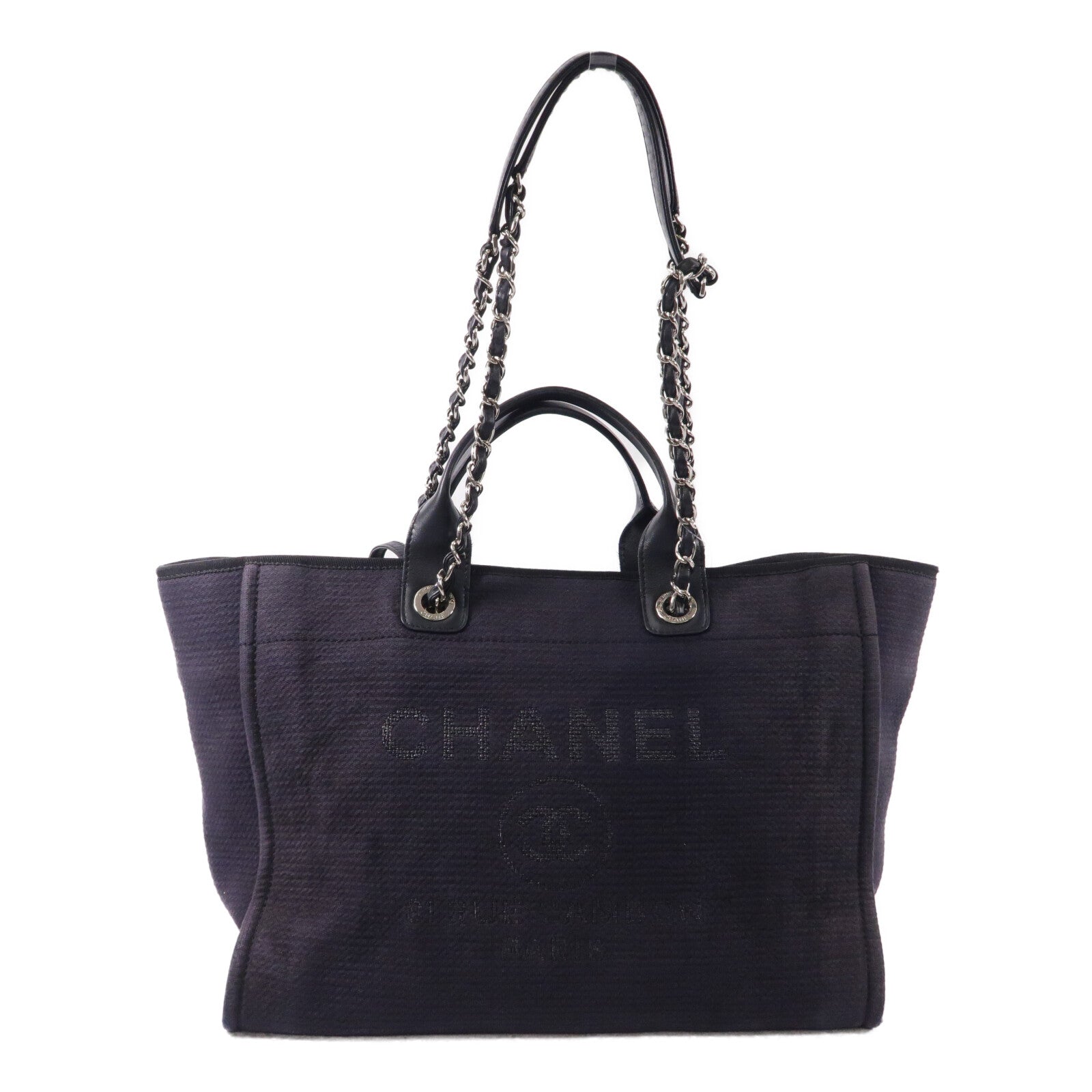 CHANEL 帆布Deauville Tote Medium鏈帶手挽肩背兩用袋