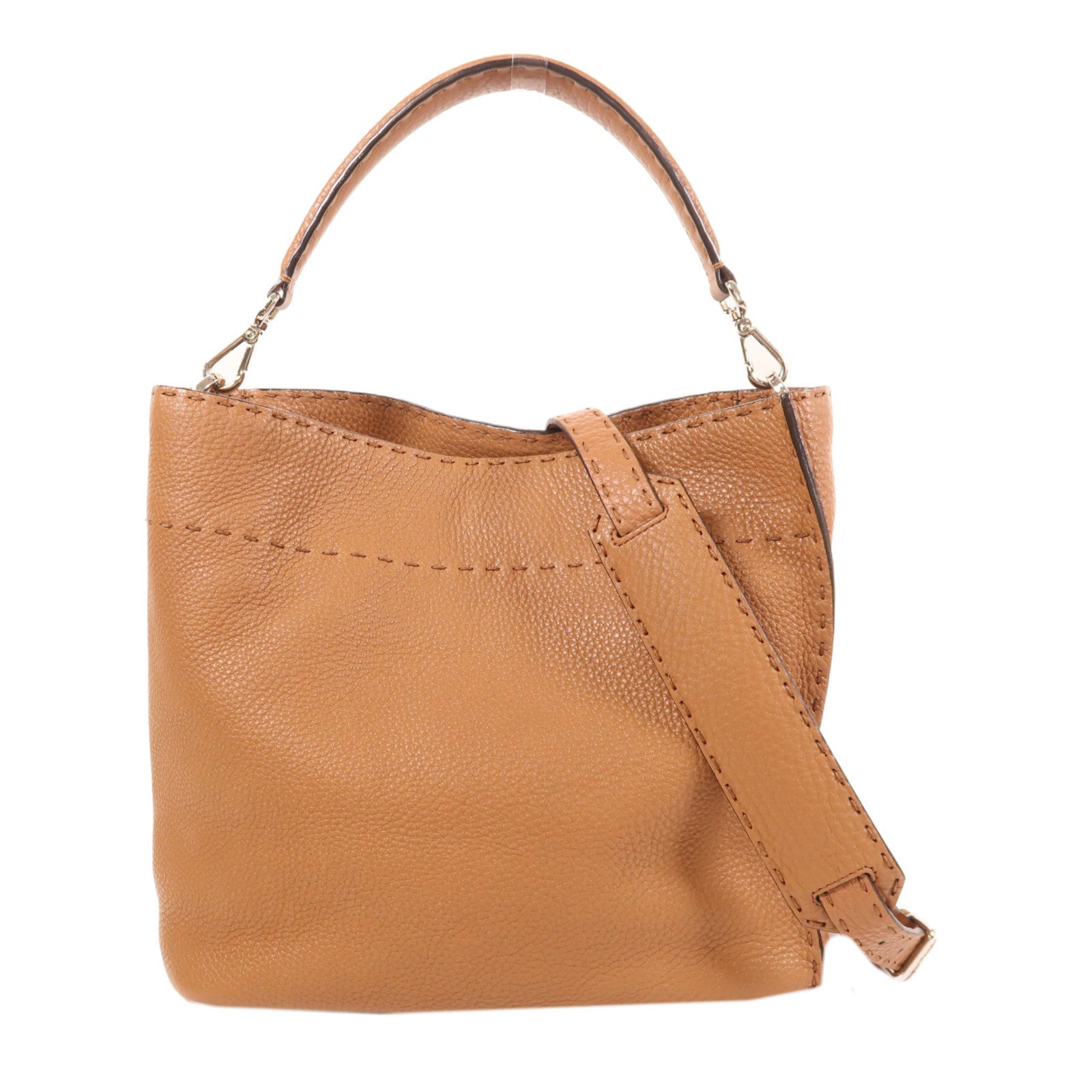 FENDI 牛皮皮革Shoulder Bag銀扣手挽肩背兩用袋棕色