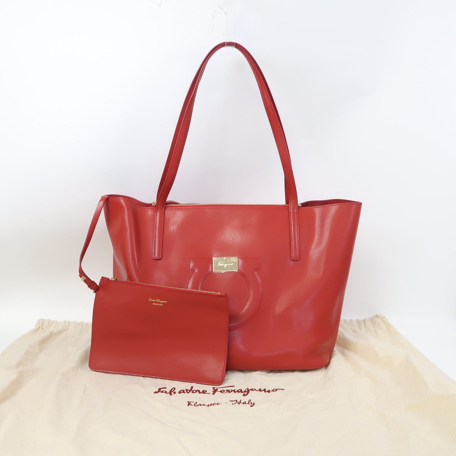 Salvatore Ferragamo 牛皮皮革Tote Bag金扣肩背袋紅色