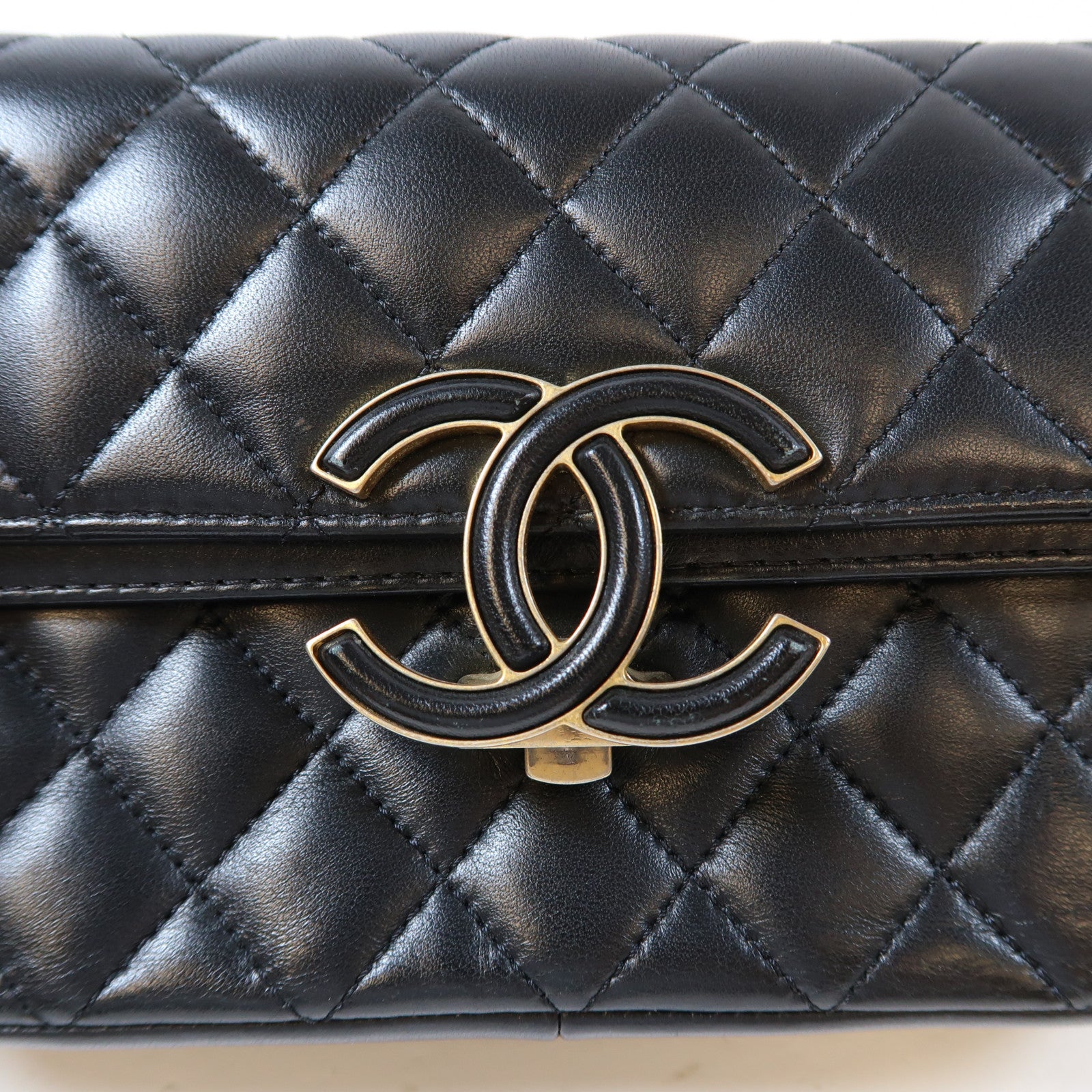 CHANEL 菱格羊皮皮革Double Flap Bag金扣鏈帶肩背袋黑色