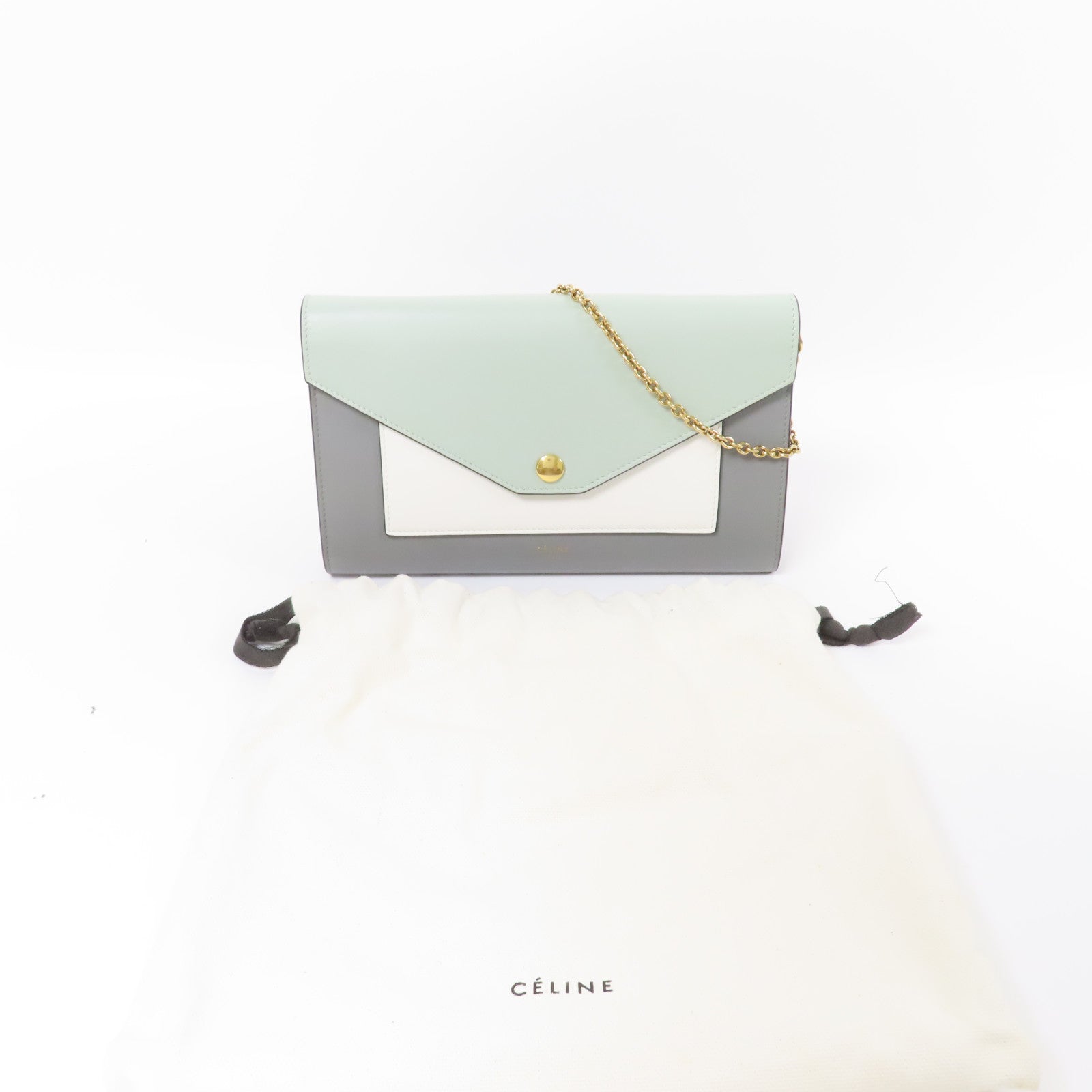 CELINE 牛皮皮革Chain Shoulder Bag金扣鏈帶肩背袋綠色/灰色/白色