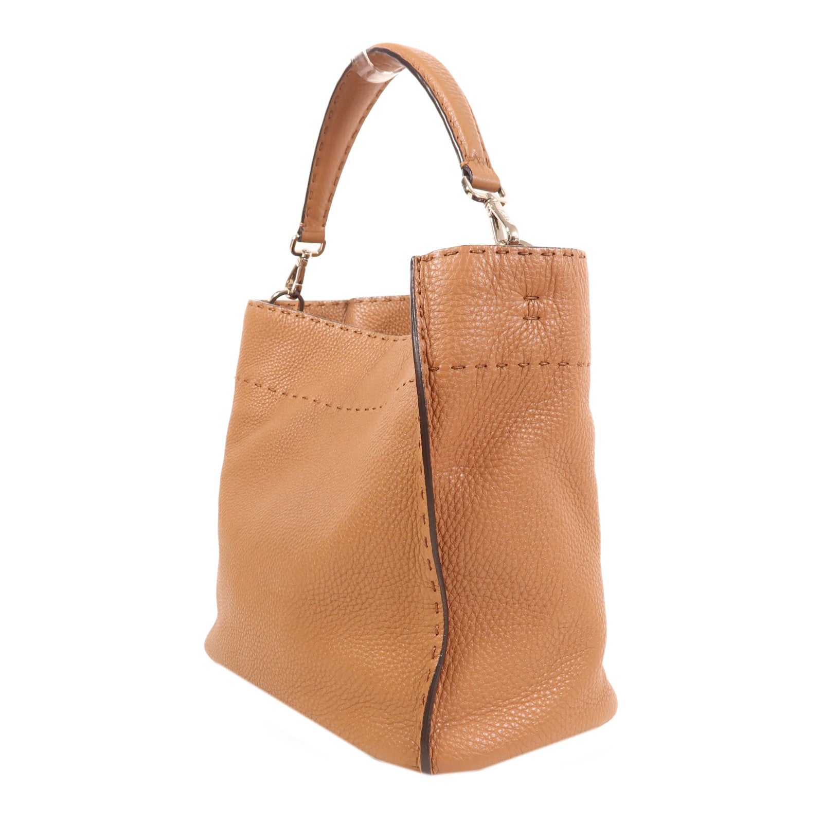FENDI 牛皮皮革Shoulder Bag銀扣手挽肩背兩用袋棕色