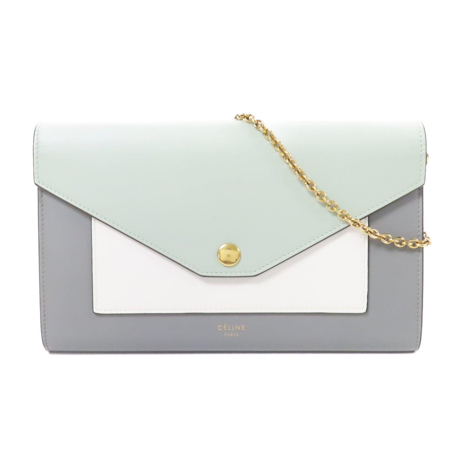 CELINE 牛皮皮革Chain Shoulder Bag金扣鏈帶肩背袋綠色/灰色/白色
